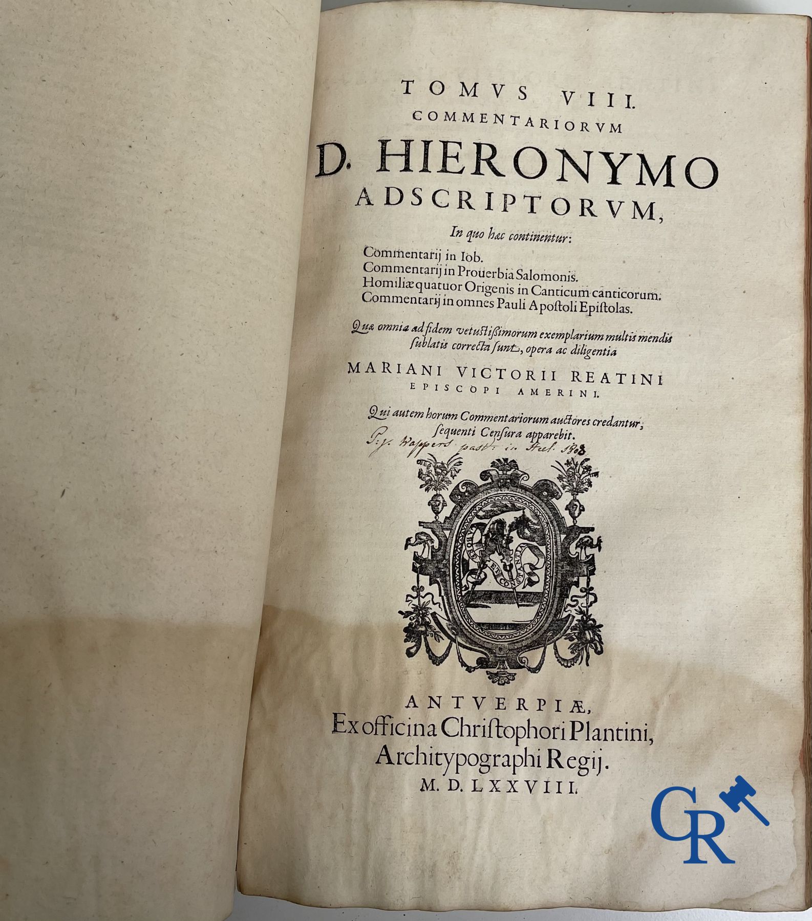 Livres anciens: Les œuvres de Saint Jérôme, Mariani Victorij Reatini. Atelier Plantijn (1578-1579), Anvers.