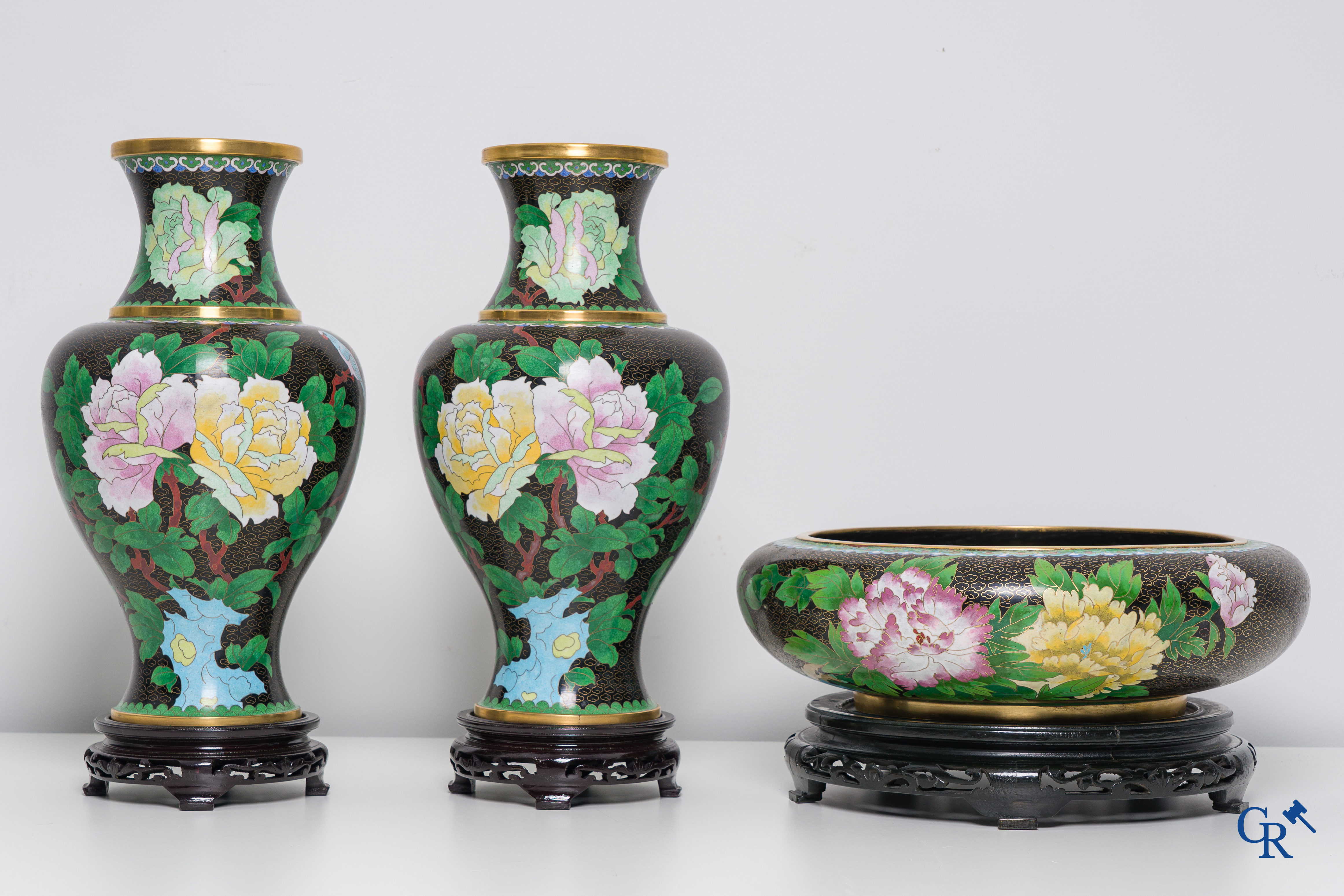 3 pieces in Chinese enamel cloisonné circa 1980.