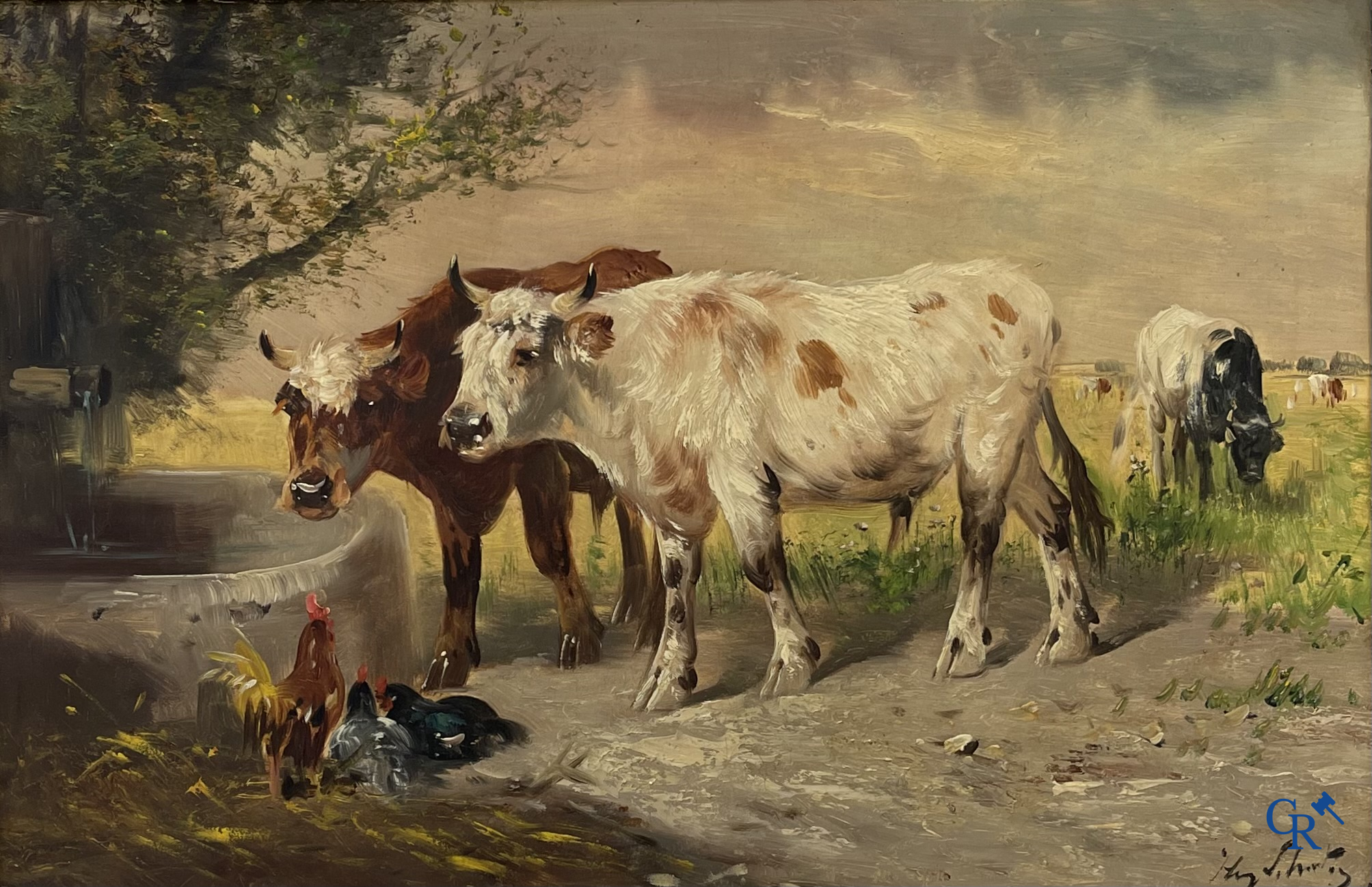 Henry Schouten. 2 paintings, oil on canvas that form a pendant, drinking cows.