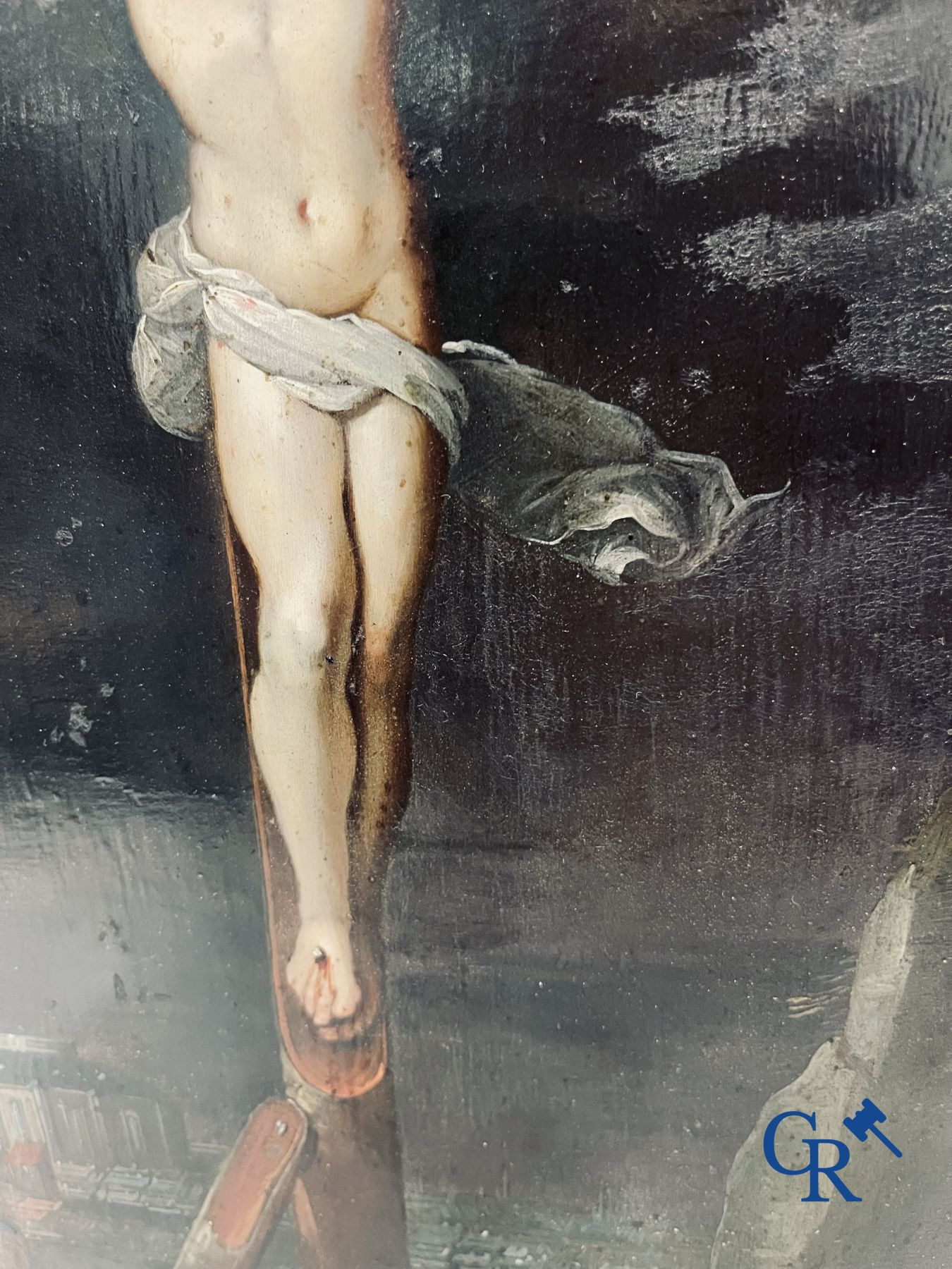 École flamande : Christ sur la croix. Huile sur cuivre. XVIe-XVIIe siècle.