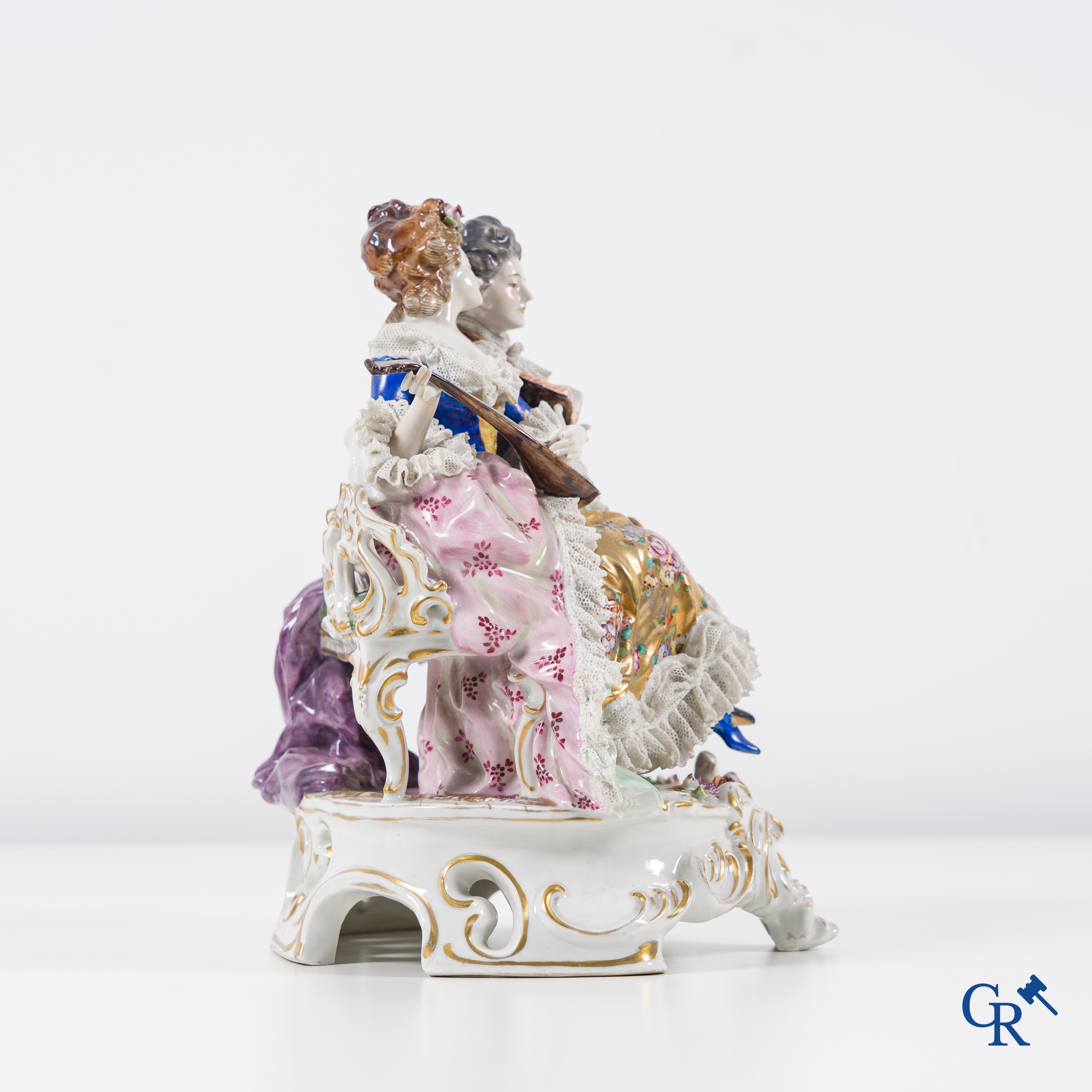 Volkstedt Rudolstadt: European porcelain, finely decorated group in lace porcelain. Music-making couple. Marked.