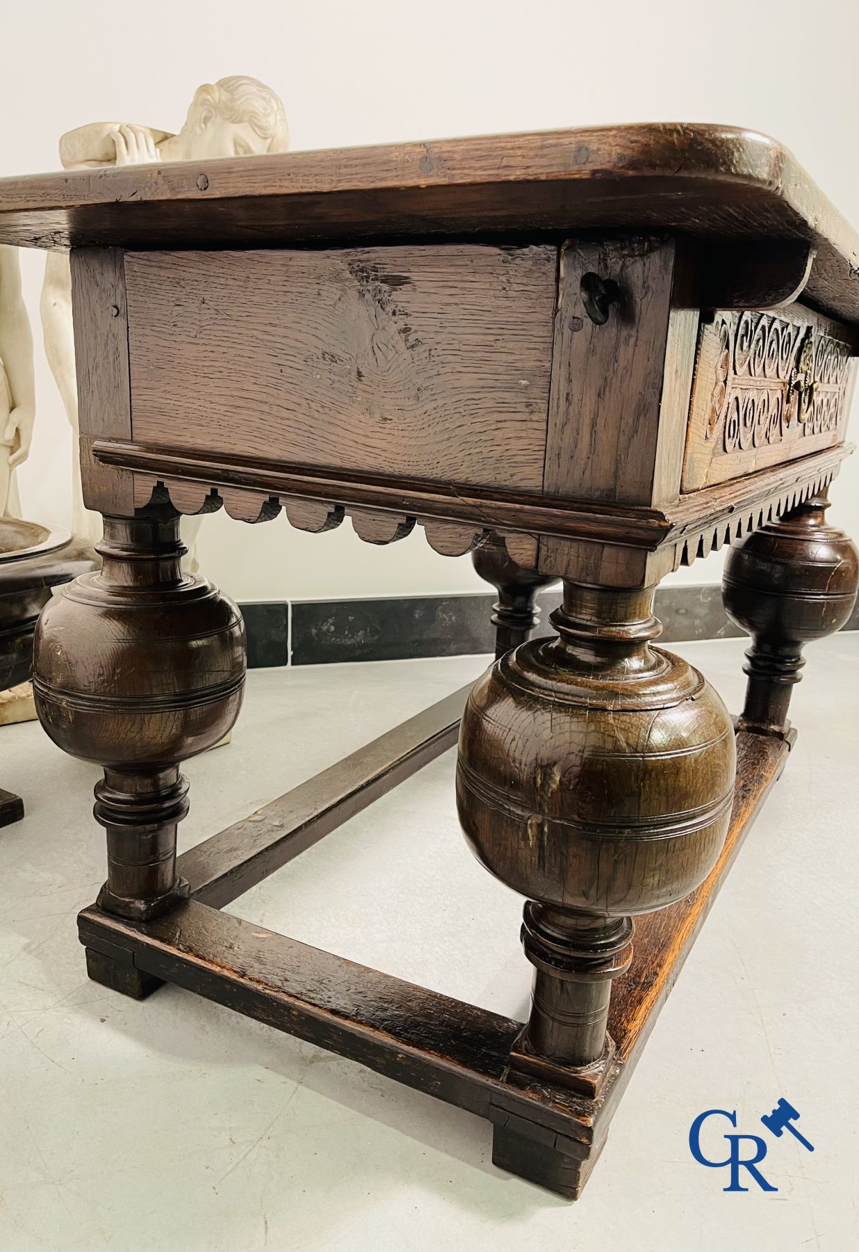 Furniture: An oak table with drawer. 17th - 18th century.