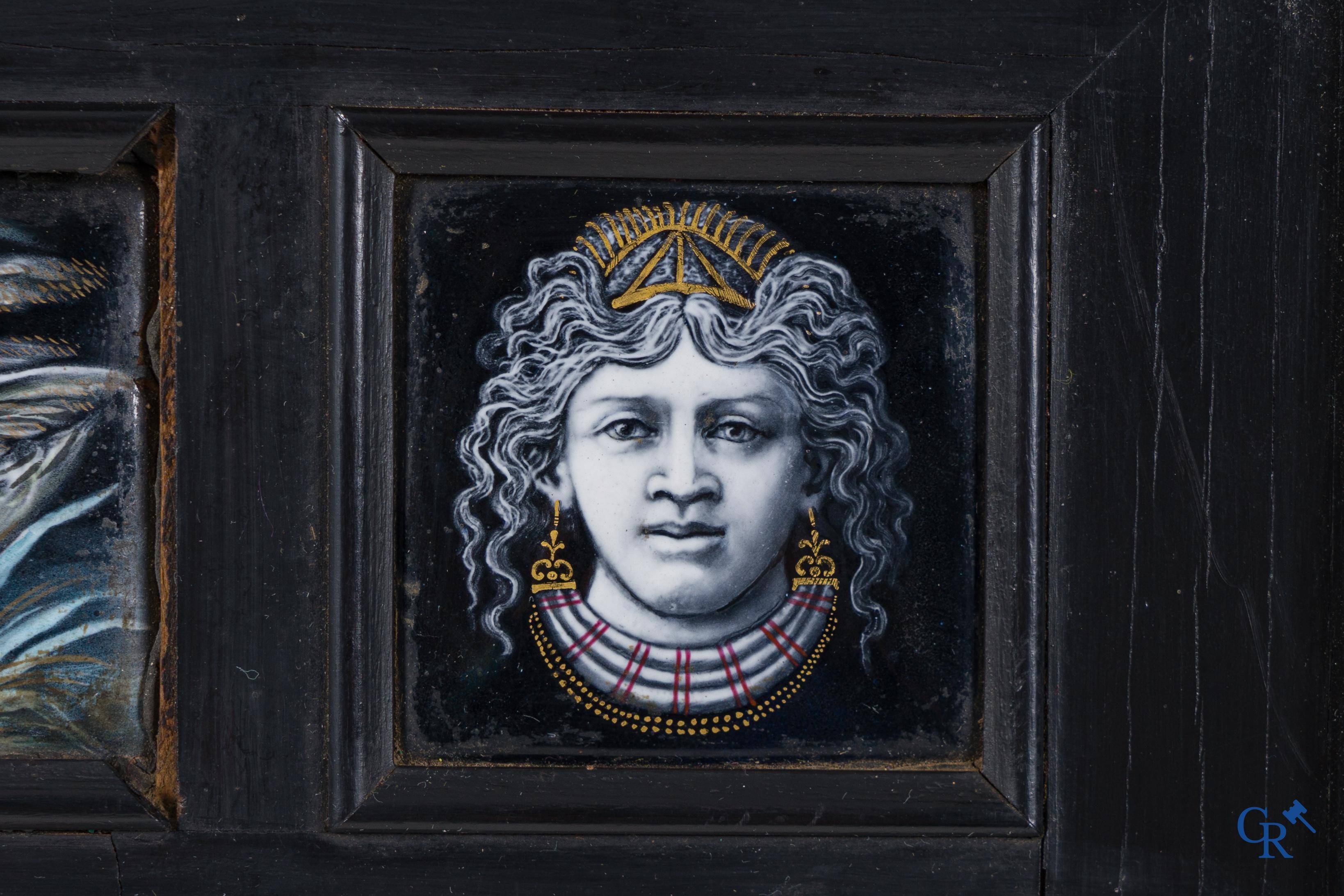 Limoges. Large frame in ebony veneer with 9 enamelled representations on copper. 18th-19th century.