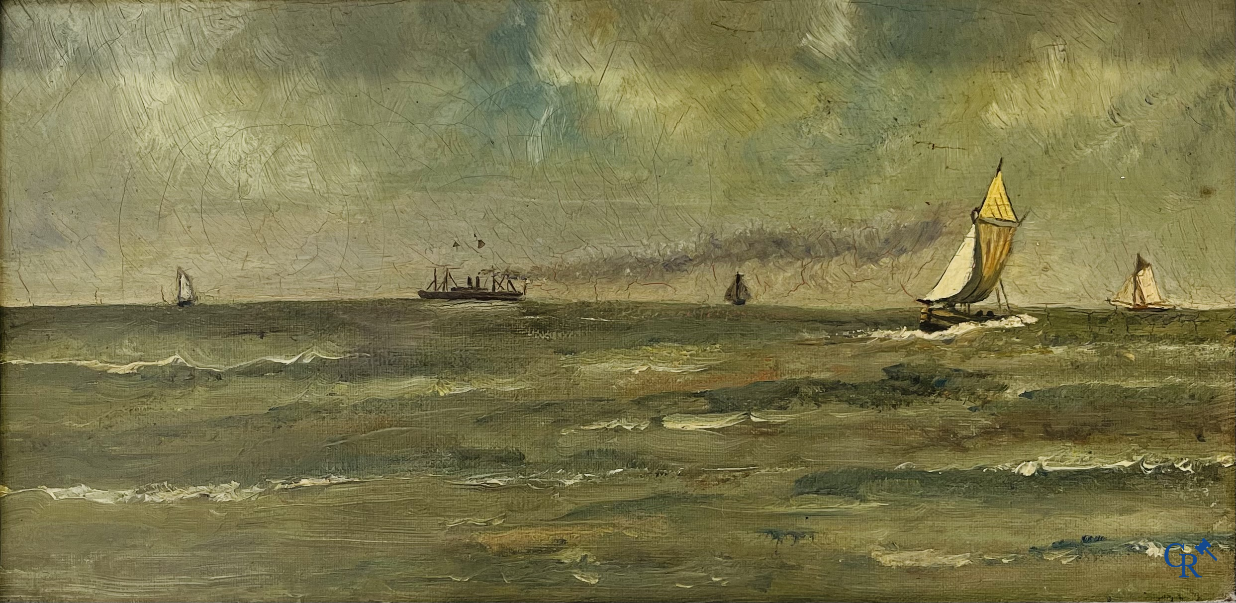 2 schilderijen, Gustave Vidal (1895-1966) landschap met koets en Paul Jean Clays (1819-1900) Marine. Olie op doek.