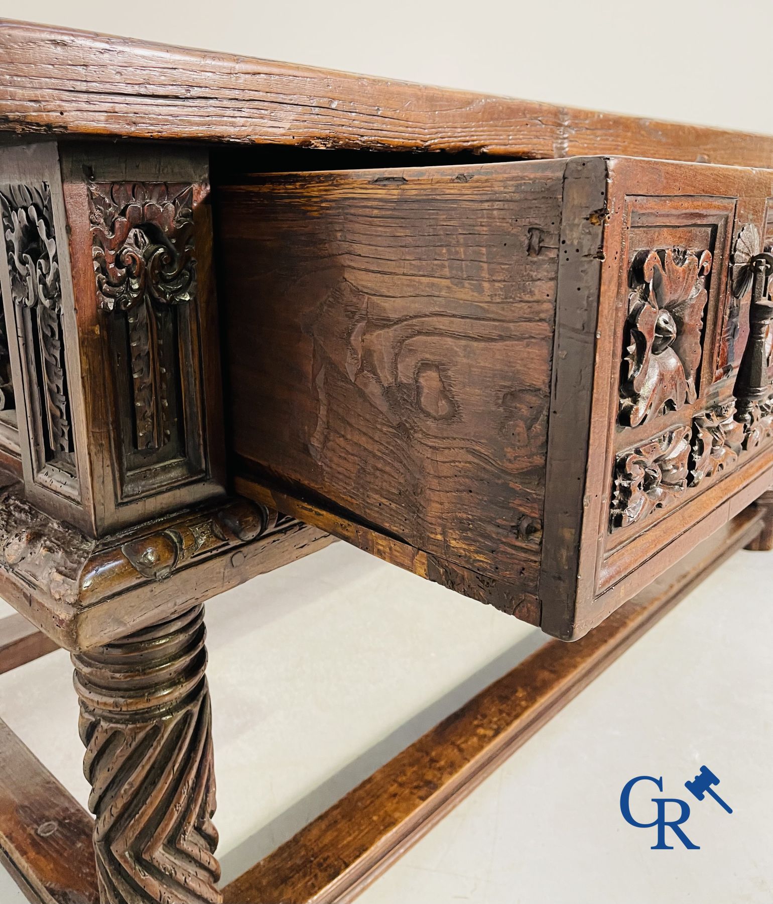 Furniture: 17th century carved walnut table with 3 drawers.