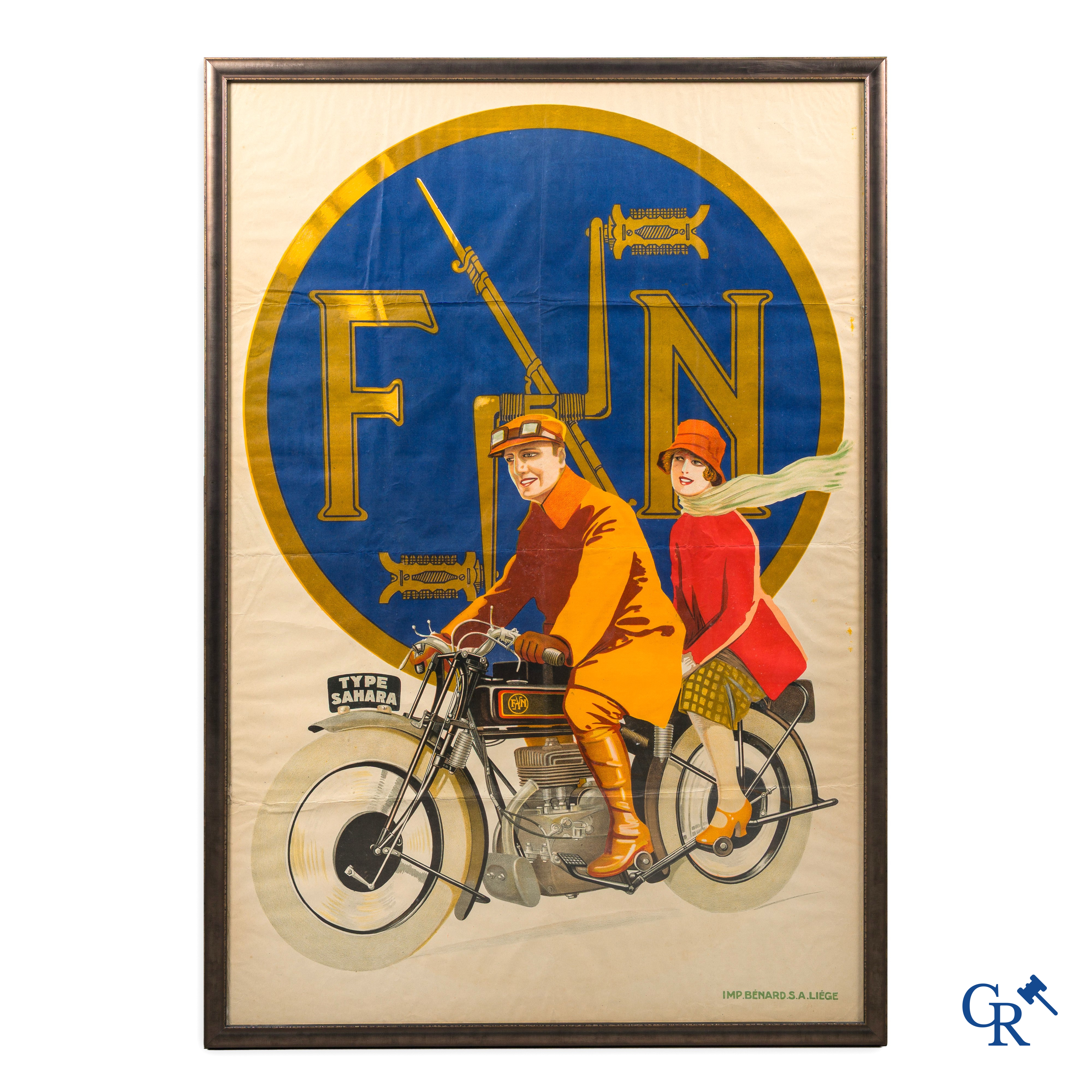 FN Motorfabriek Herstal, Zeldzame en originele publiciteitsaffiche voor de FN motorfiets type Sahara. Circa 1930.
