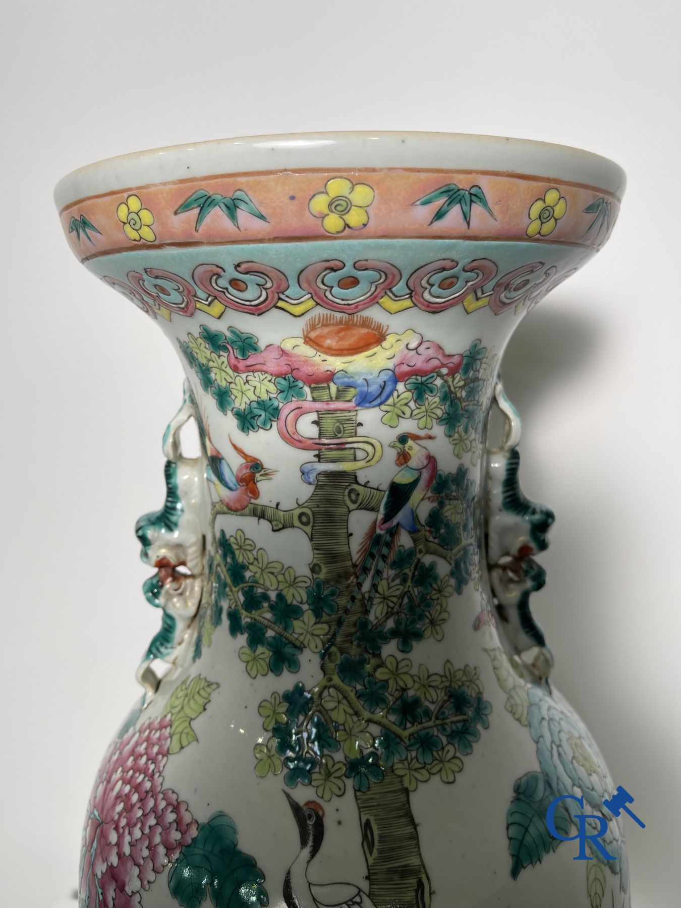 Asian Art: Vase in Chinese famille rose porcelain with decor of birds and peonies. 19th century.