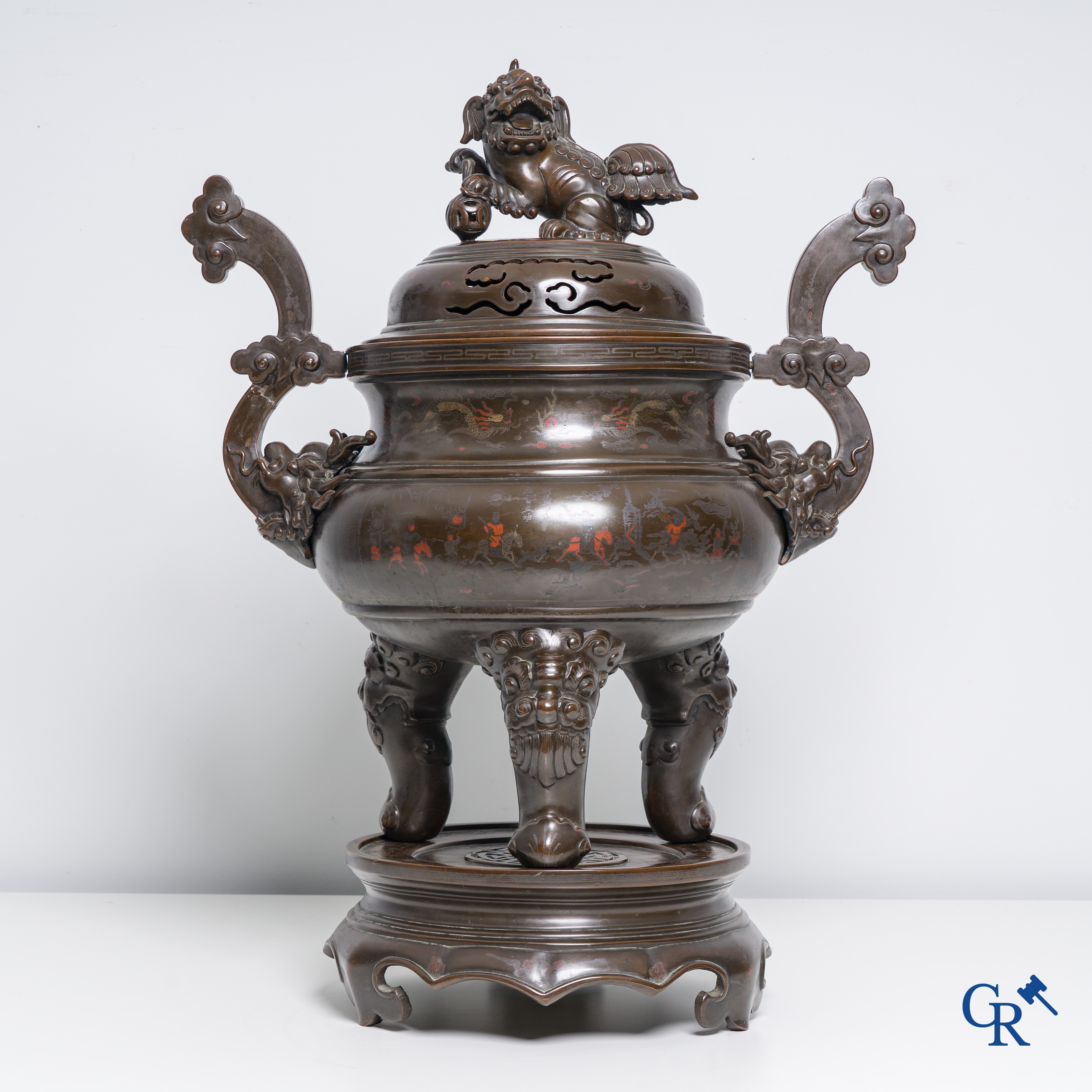 Asian Art: An impressive 3-piece Chinese bronze brûle perfume with silver and copper inlay for the Vietnamese market.