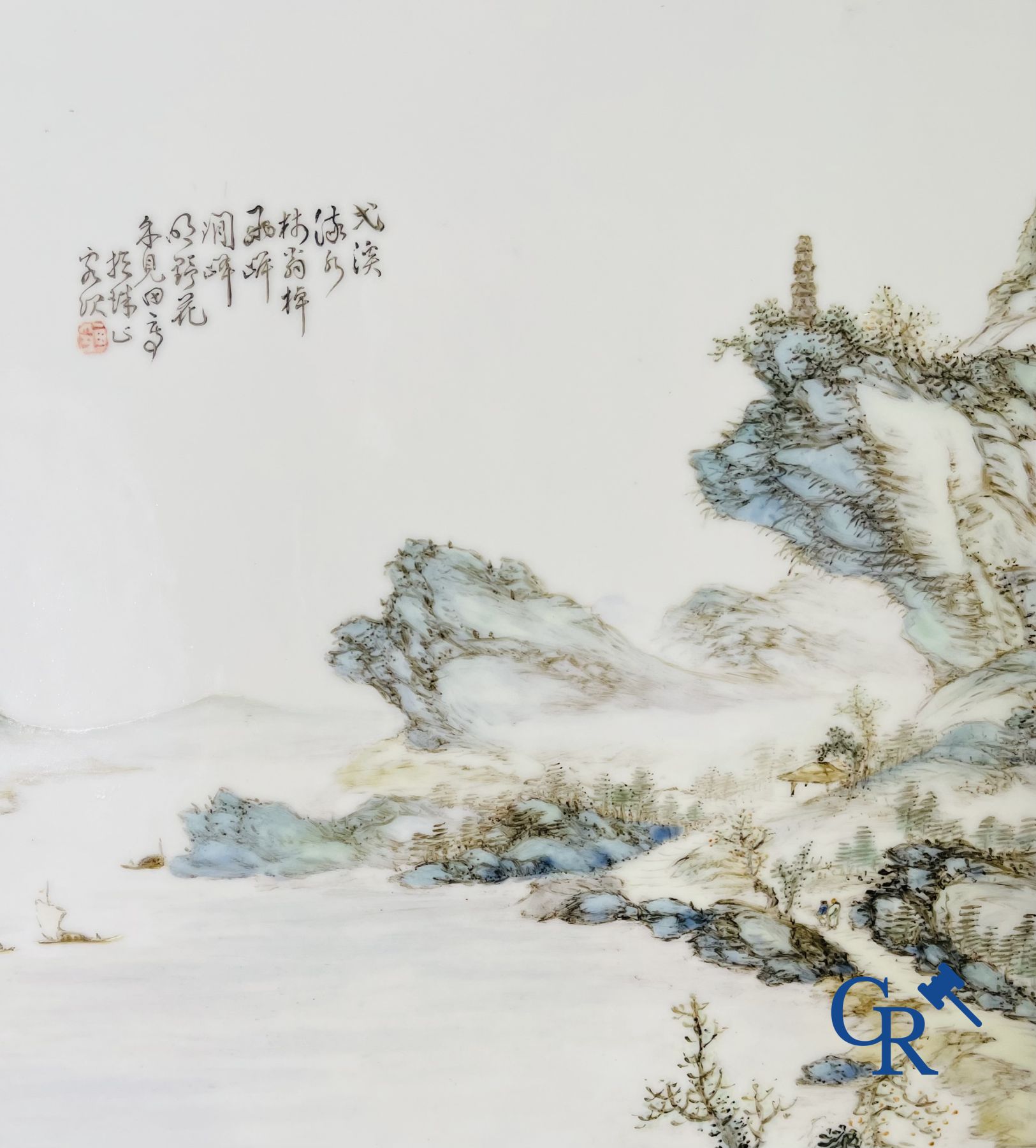 Chinese porcelain: A Chinese qianjiang cai porcelain painting in frame.