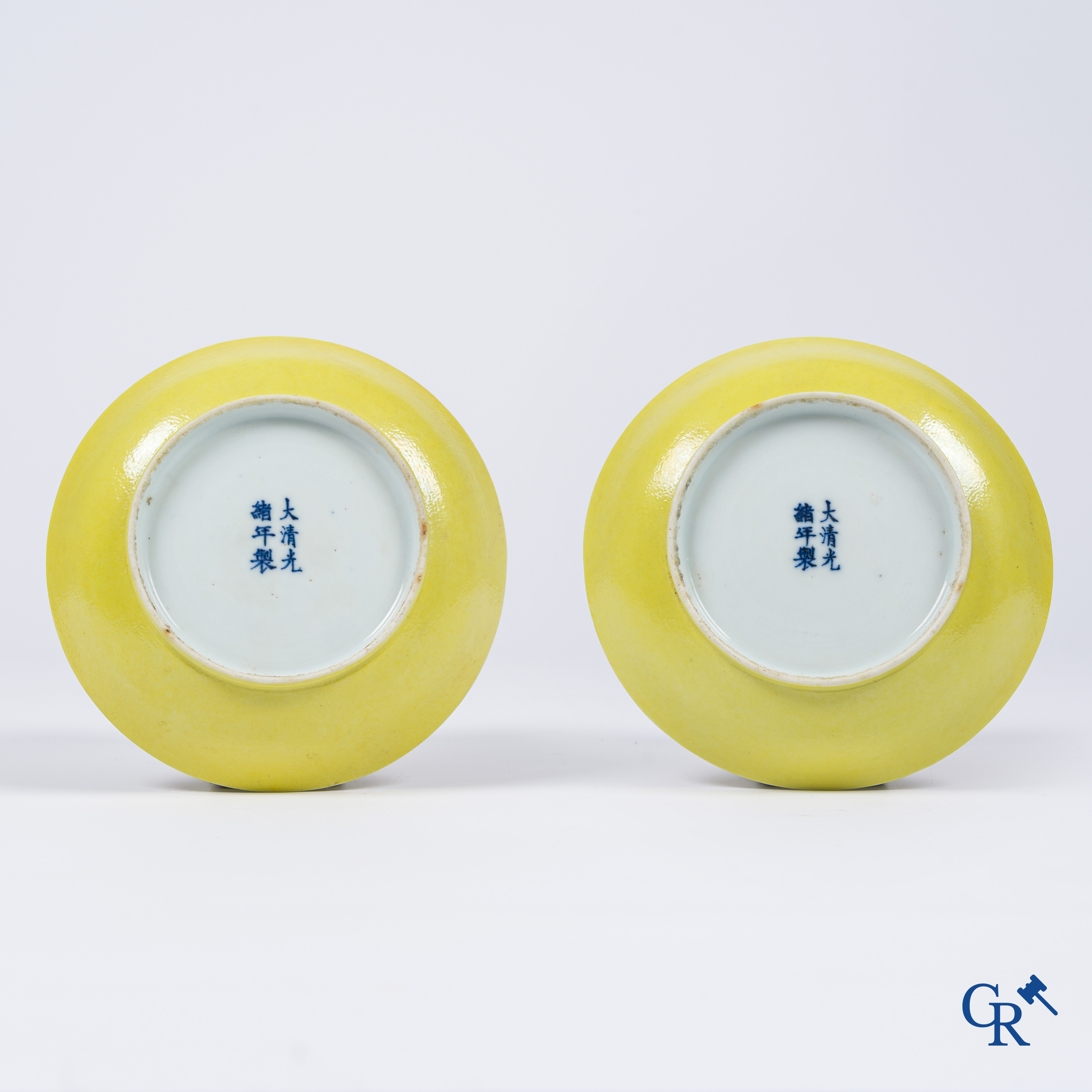 Aziatica, Chinees porselein. Paar bordjes met ingesneden drakenmotief bedekt met een monochrome glazuurlaag. Guanxu.