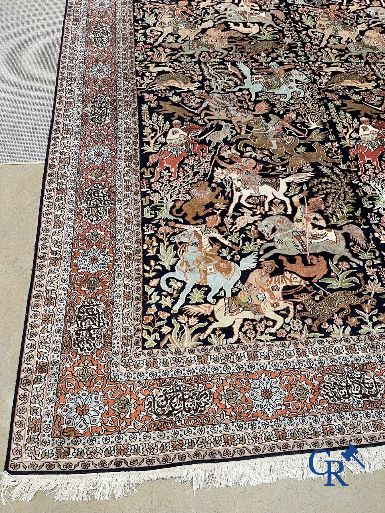 Carpets: Ghoum: Large silk carpet with hunting scenes. Wool and silk.