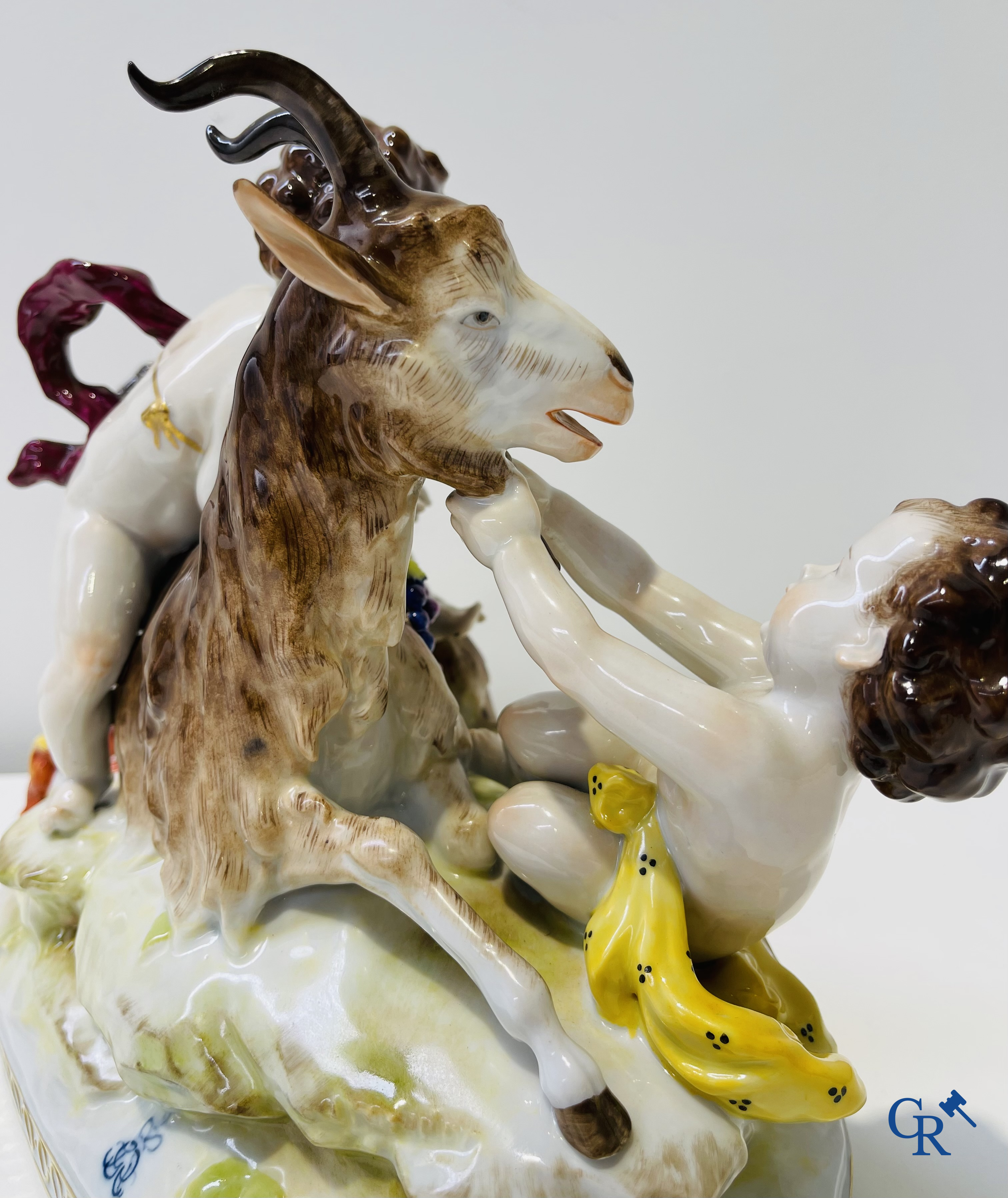 Volkstedt Rudolstadt. Large group in porcelain. Goat with children. Marked.