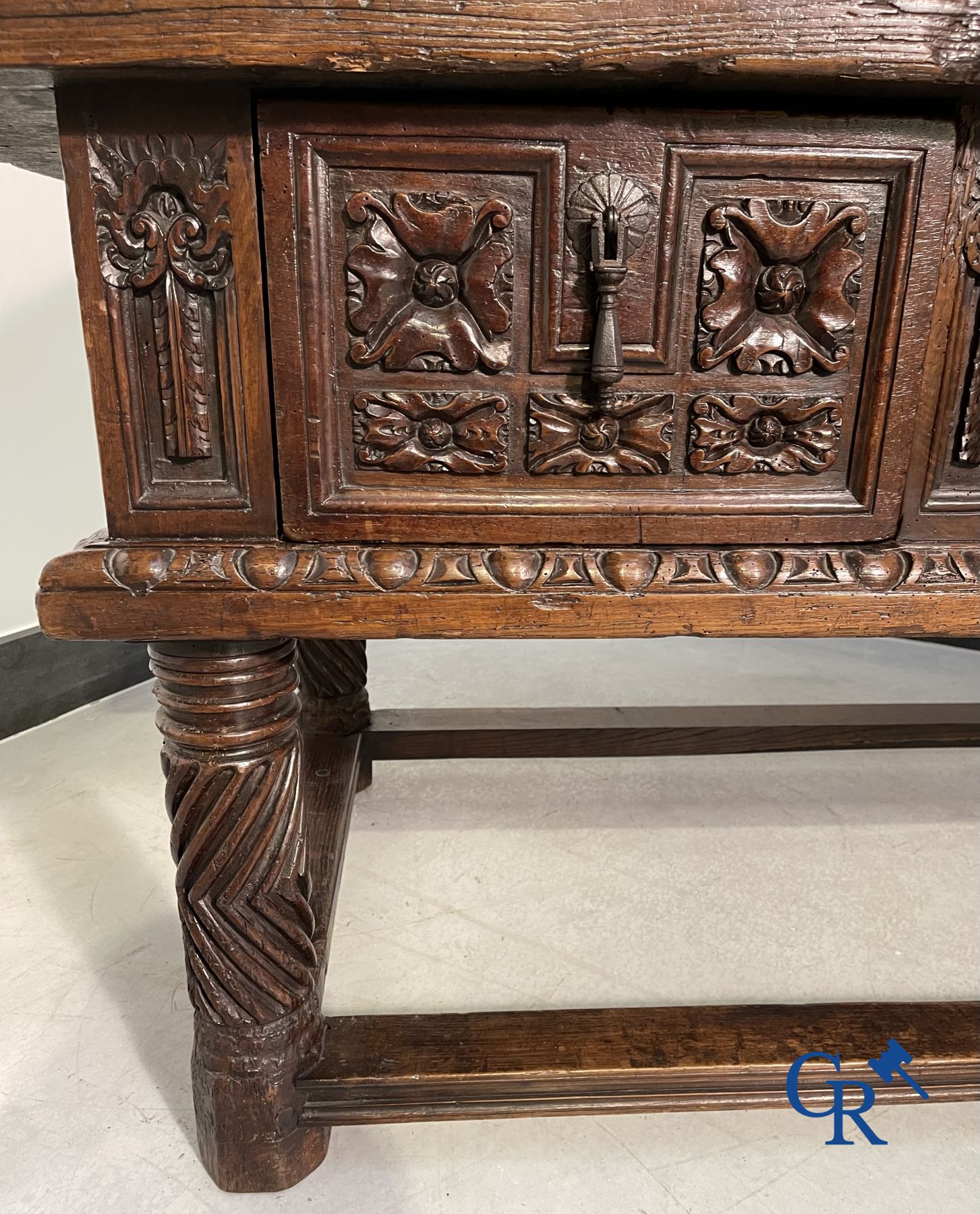 Furniture: 17th century carved walnut table with 3 drawers.