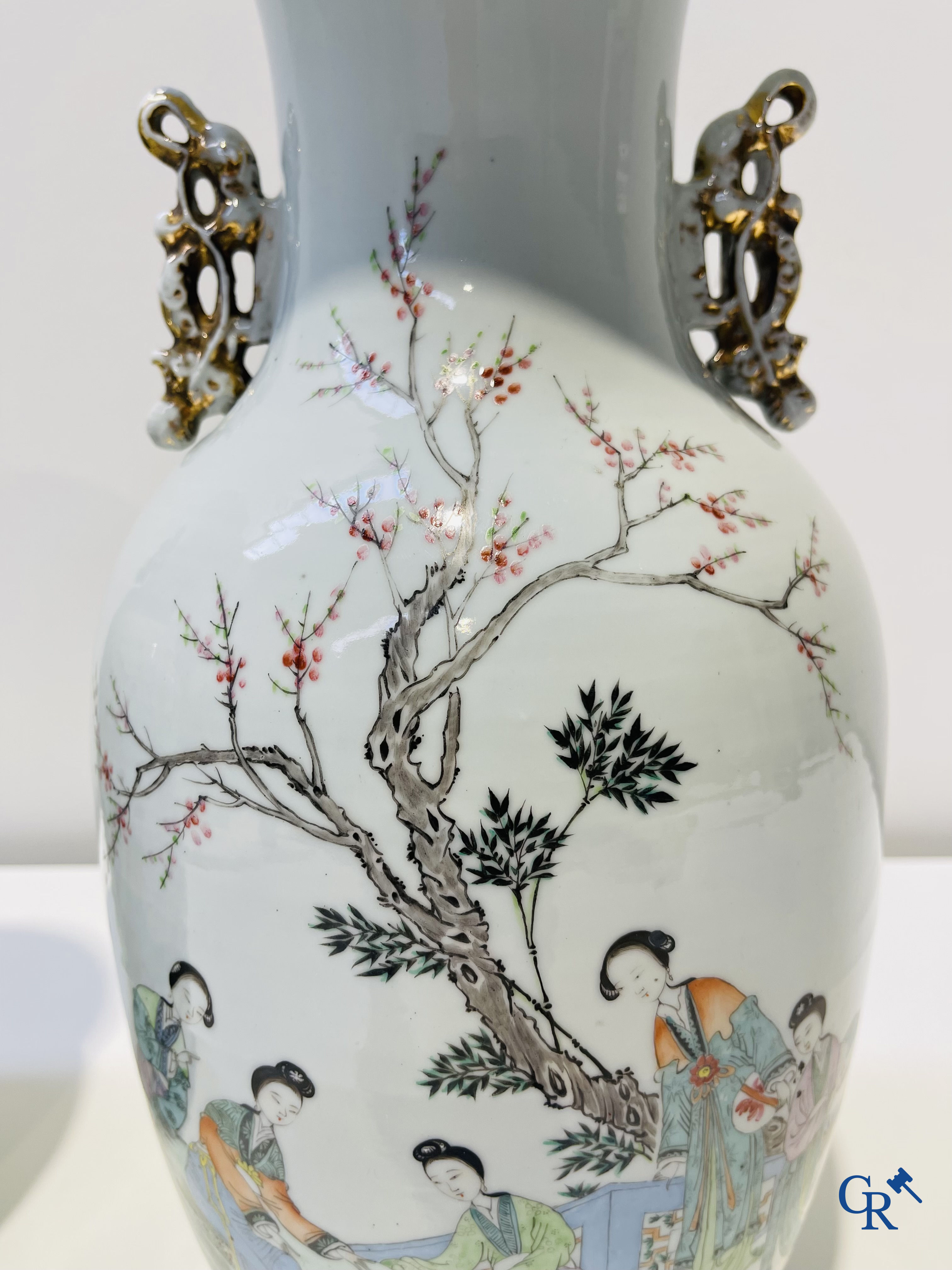 Asian Art: Chinese porcelain, a pair of Chinese vases with ladies in a garden. Republic period.