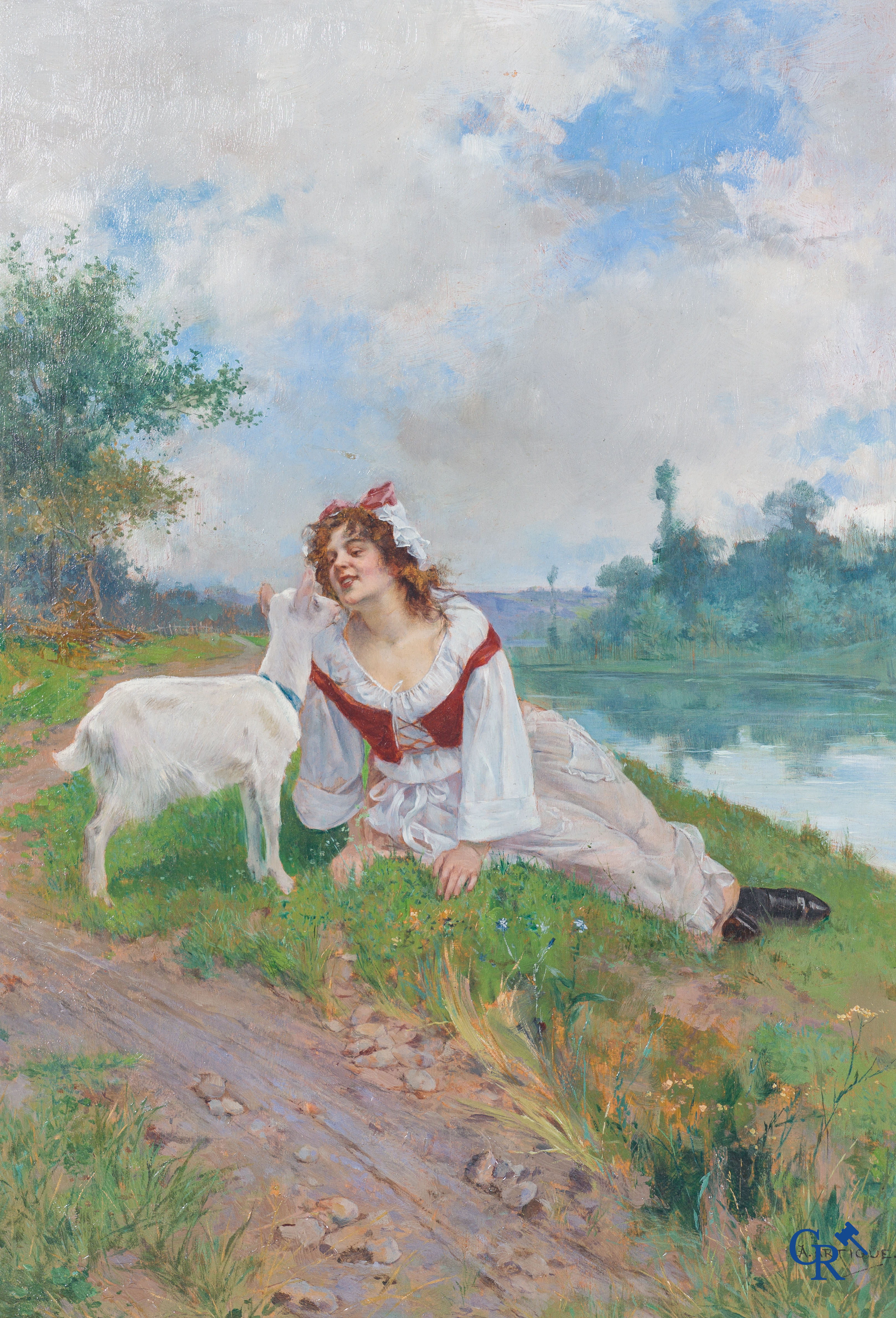 Albert Emile Artigue (1850-1927), romantic painting of a woman with a goat in a beautifully decorated frame.