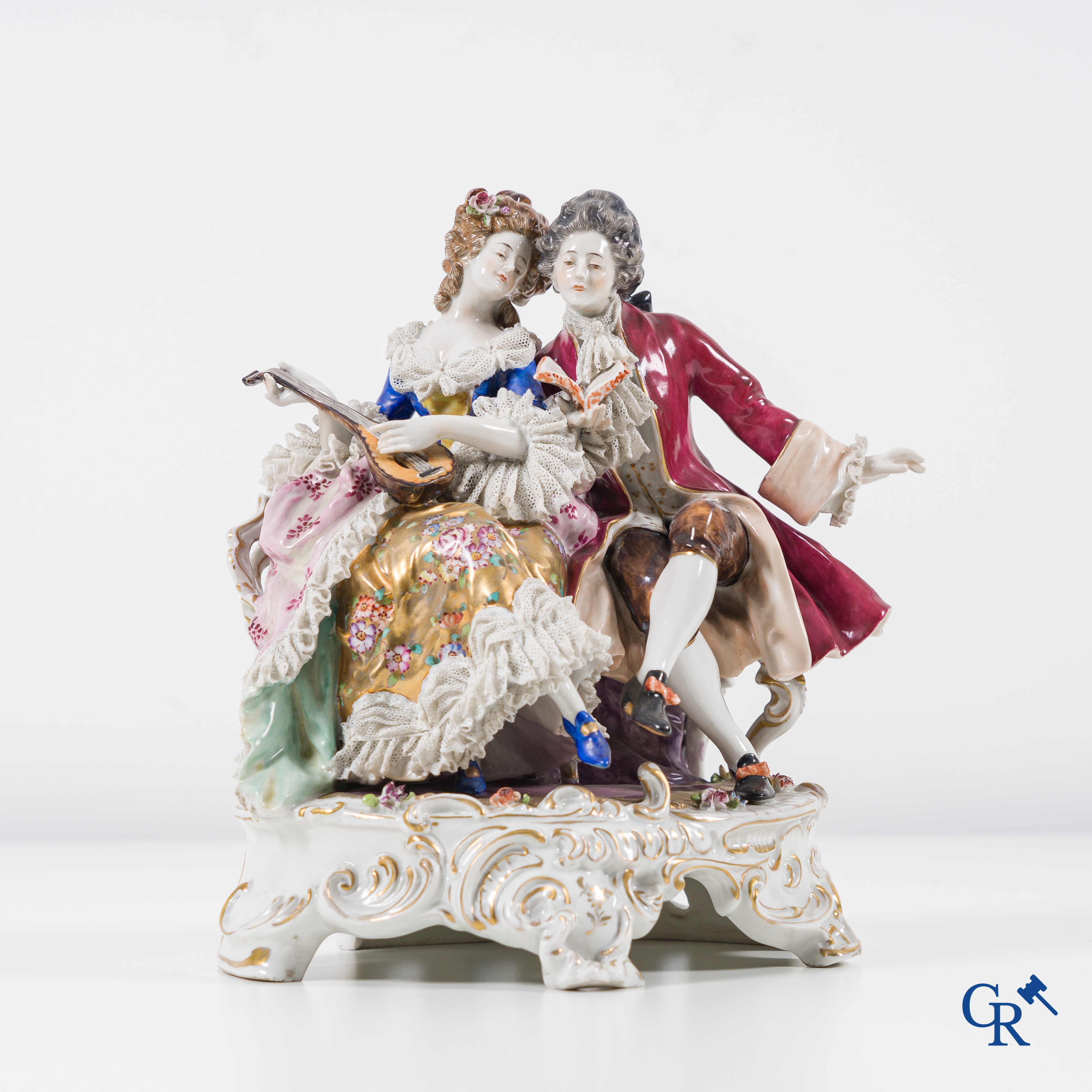 Volkstedt Rudolstadt: European porcelain, finely decorated group in lace porcelain. Music-making couple. Marked.