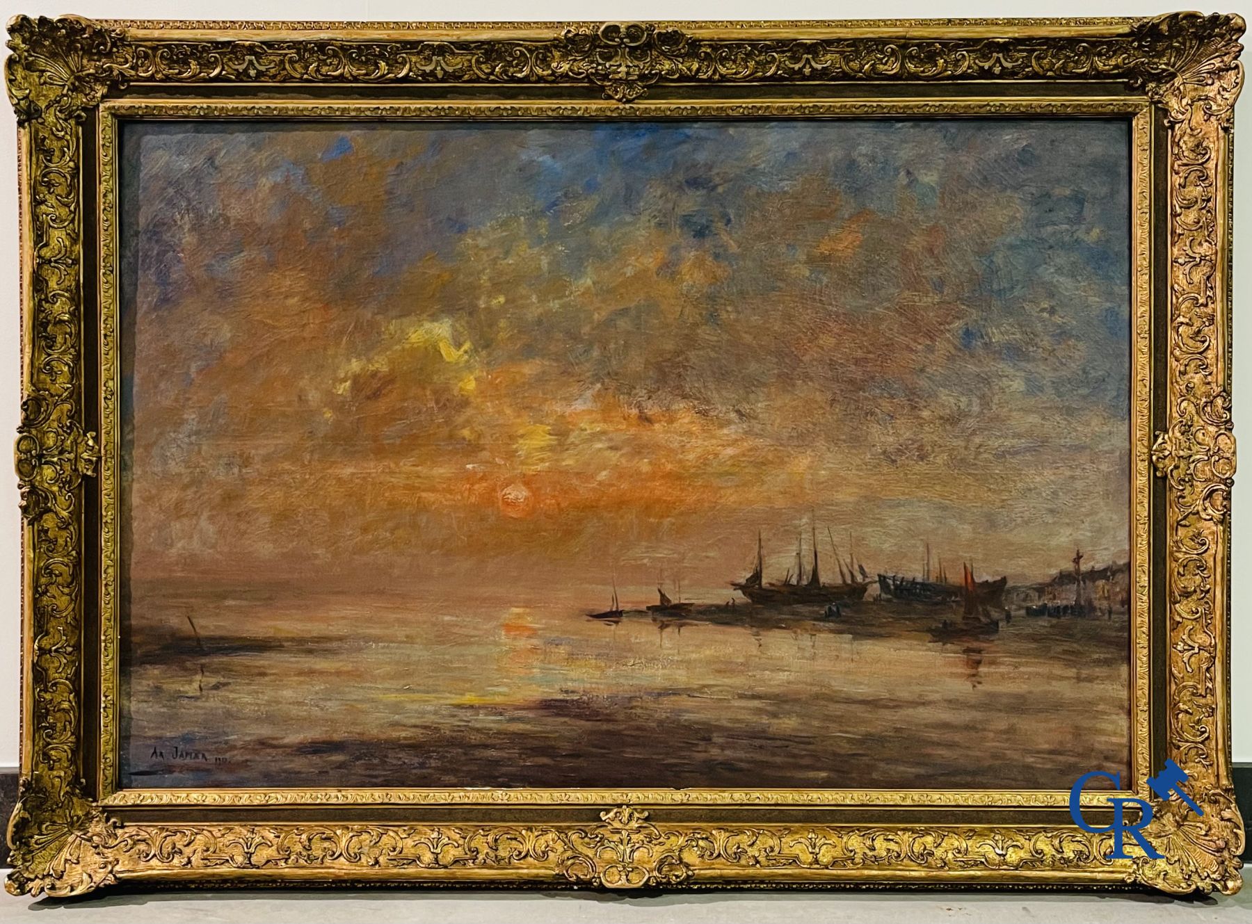 Armand Jamar (Liège 1870 - Saint-Gilles 1946) Marine au crépuscule. Daté 1913.