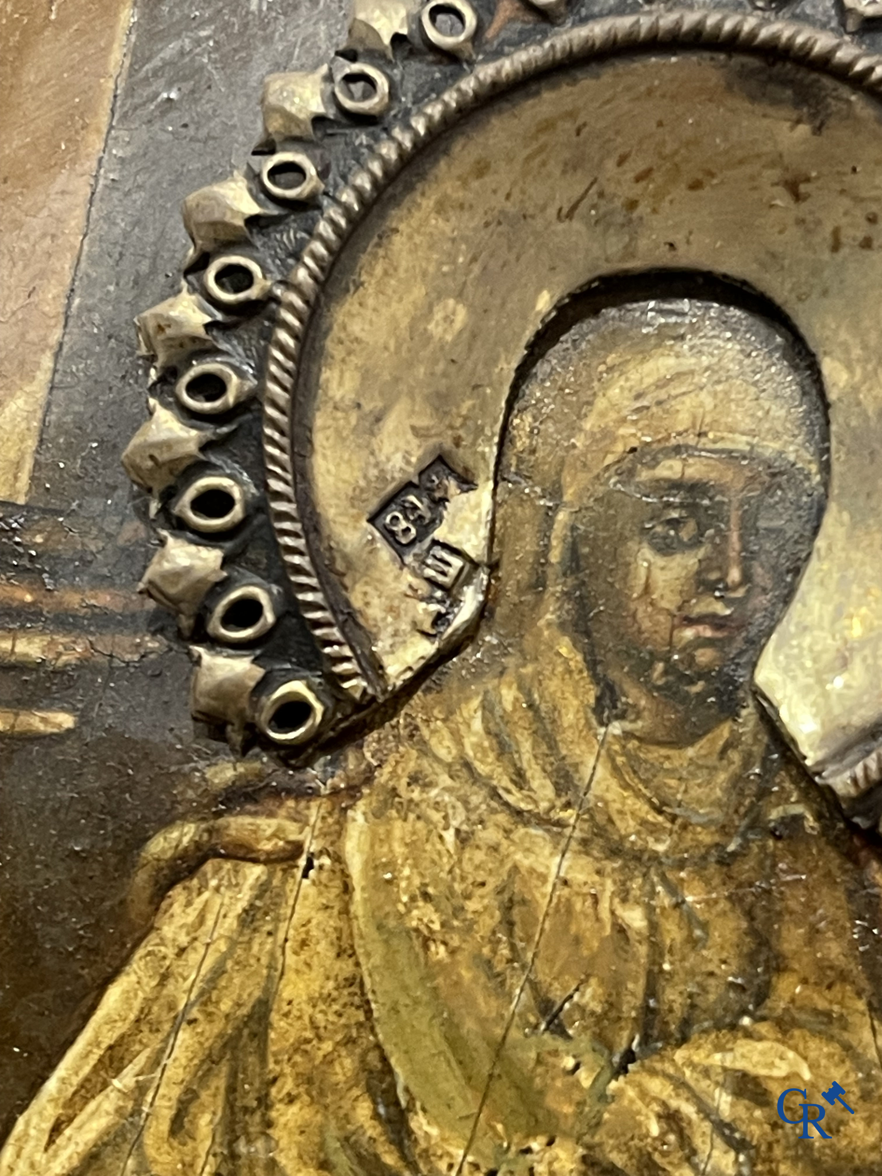 Russisch werk. De geboorte van Jezus. Grote Russische icoon met zilver oklad. Zilvergehalte 84 en gedateerd 1883.