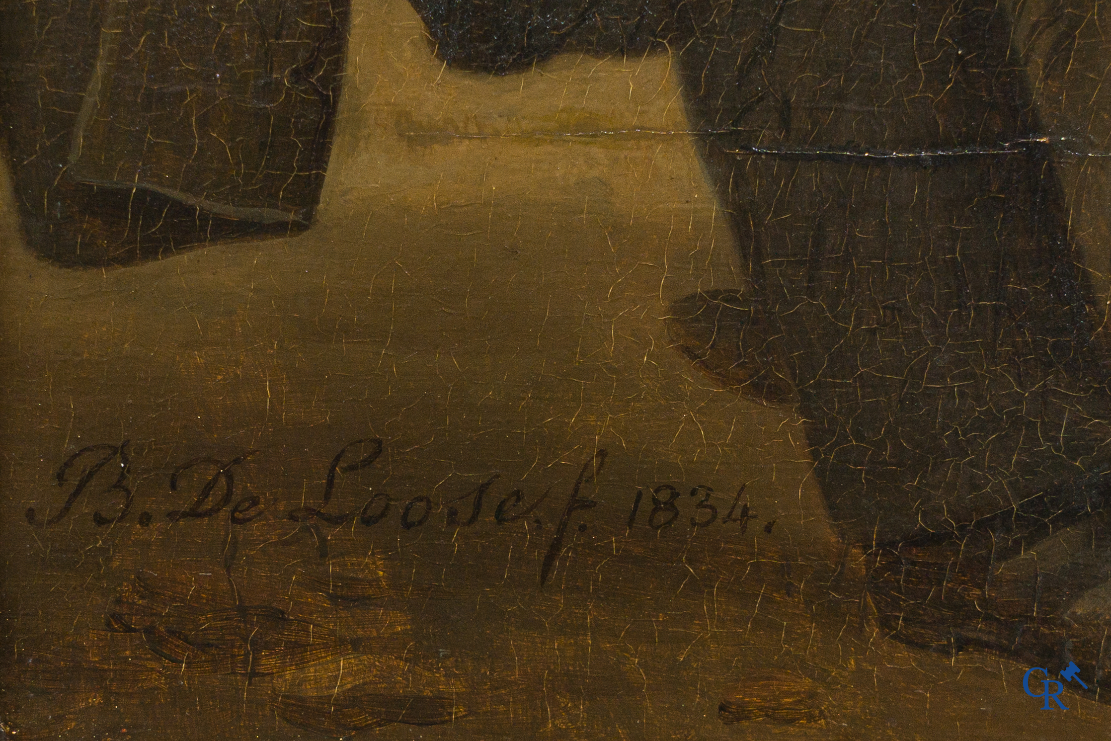 Basile De Loose (1809-1885) "Het dorpsfeest" Olie op paneel in vergulde kader. Gesigneerd B. De Loose fecit 1834.