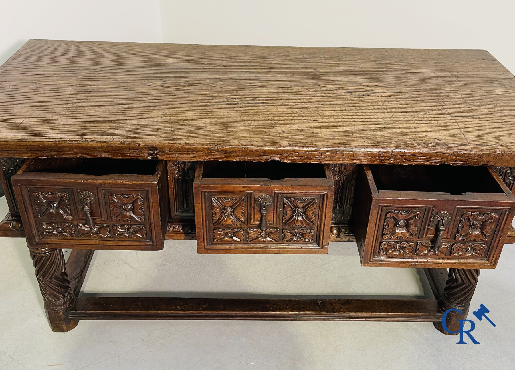 Furniture: 17th century carved walnut table with 3 drawers.