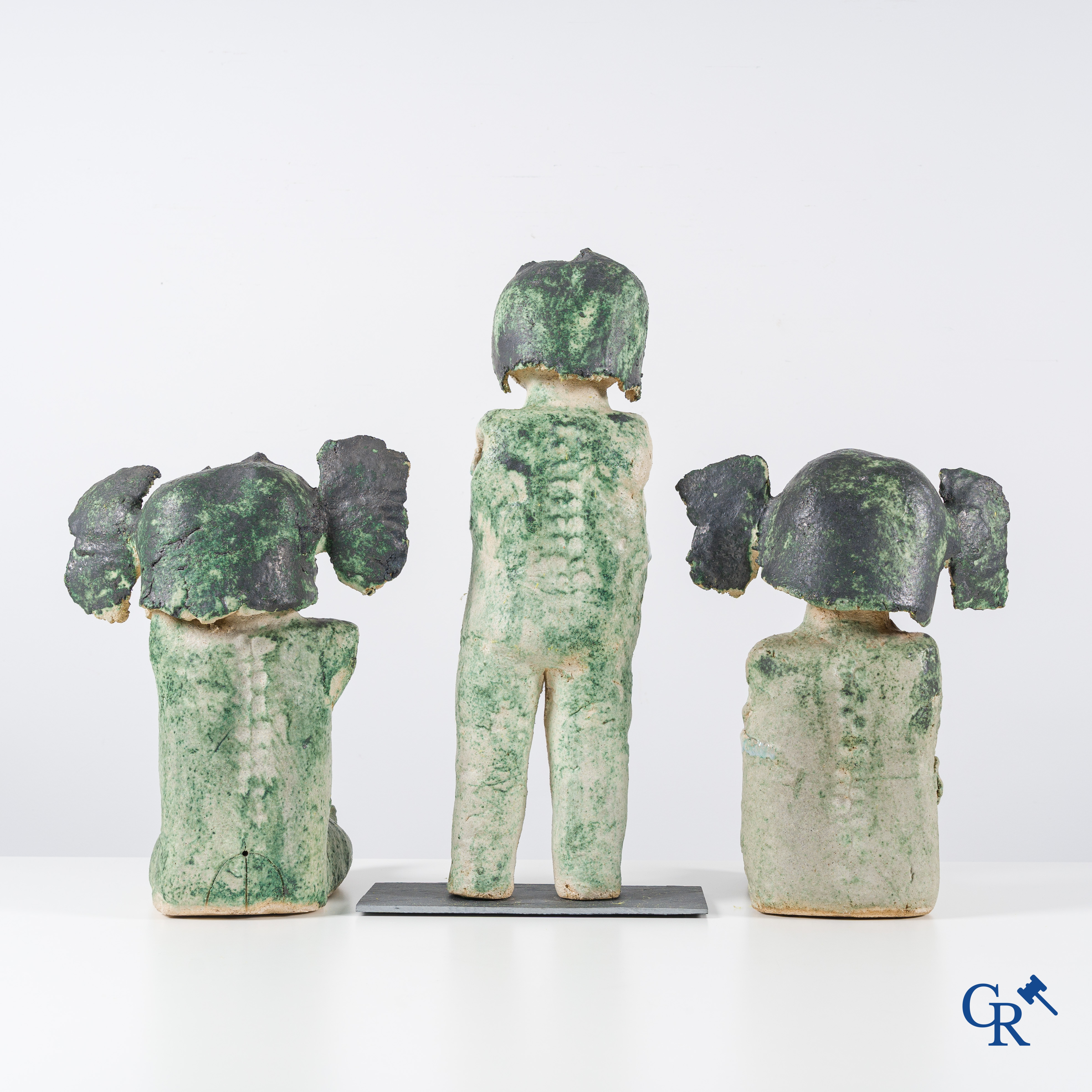 Marnix Hoys (1943): A set of 3 sculptures in glazed terra cotta. Around 1980, marked and signed.