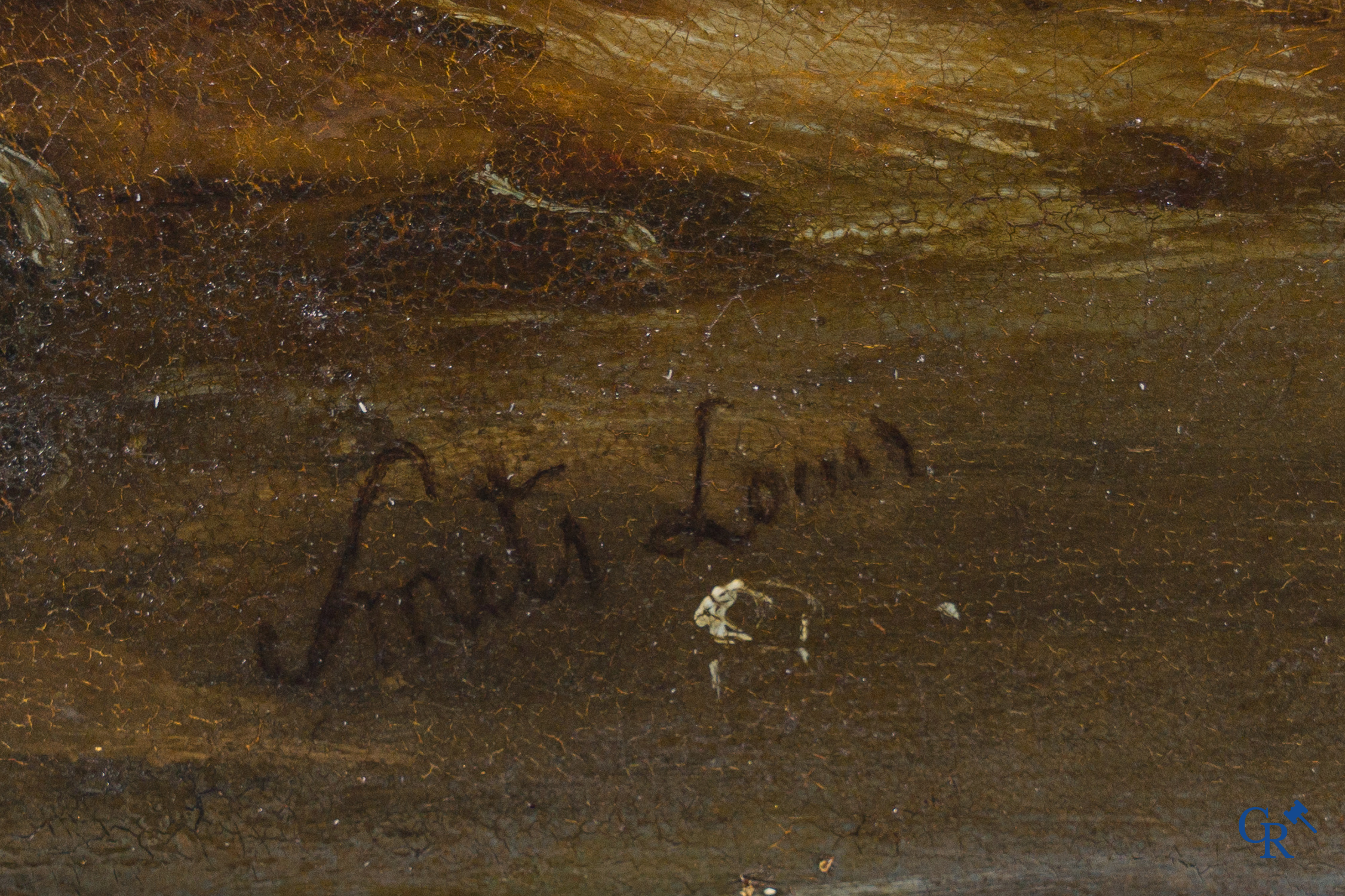 Smets Louis, (1840-1896) Winter waterlandschap met personages en een paard op het ijs. Olie op mahonie.