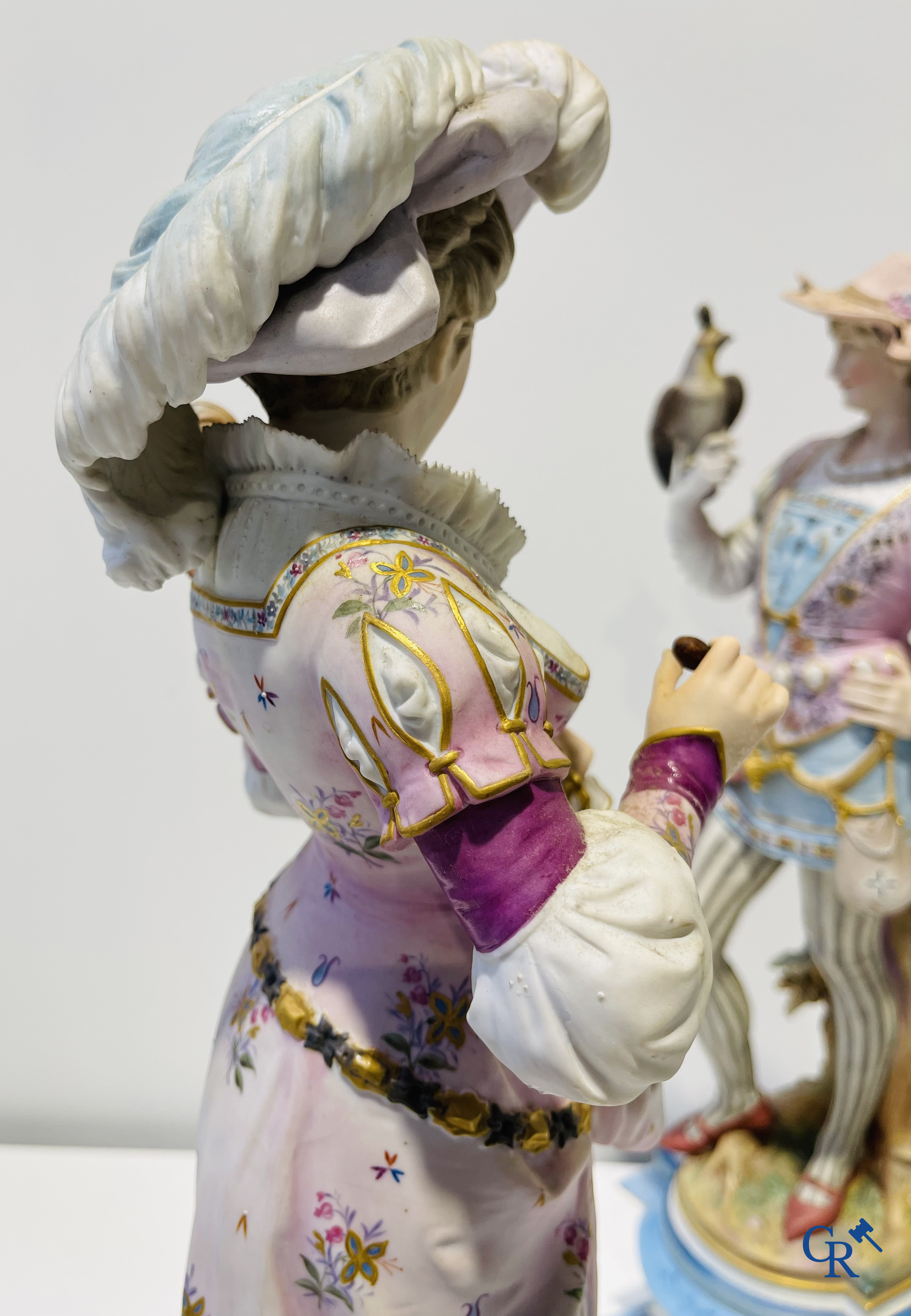 Exceptional pair of large statues in coloured and gilded biscuit porcelain. 2nd half of the 19th century.