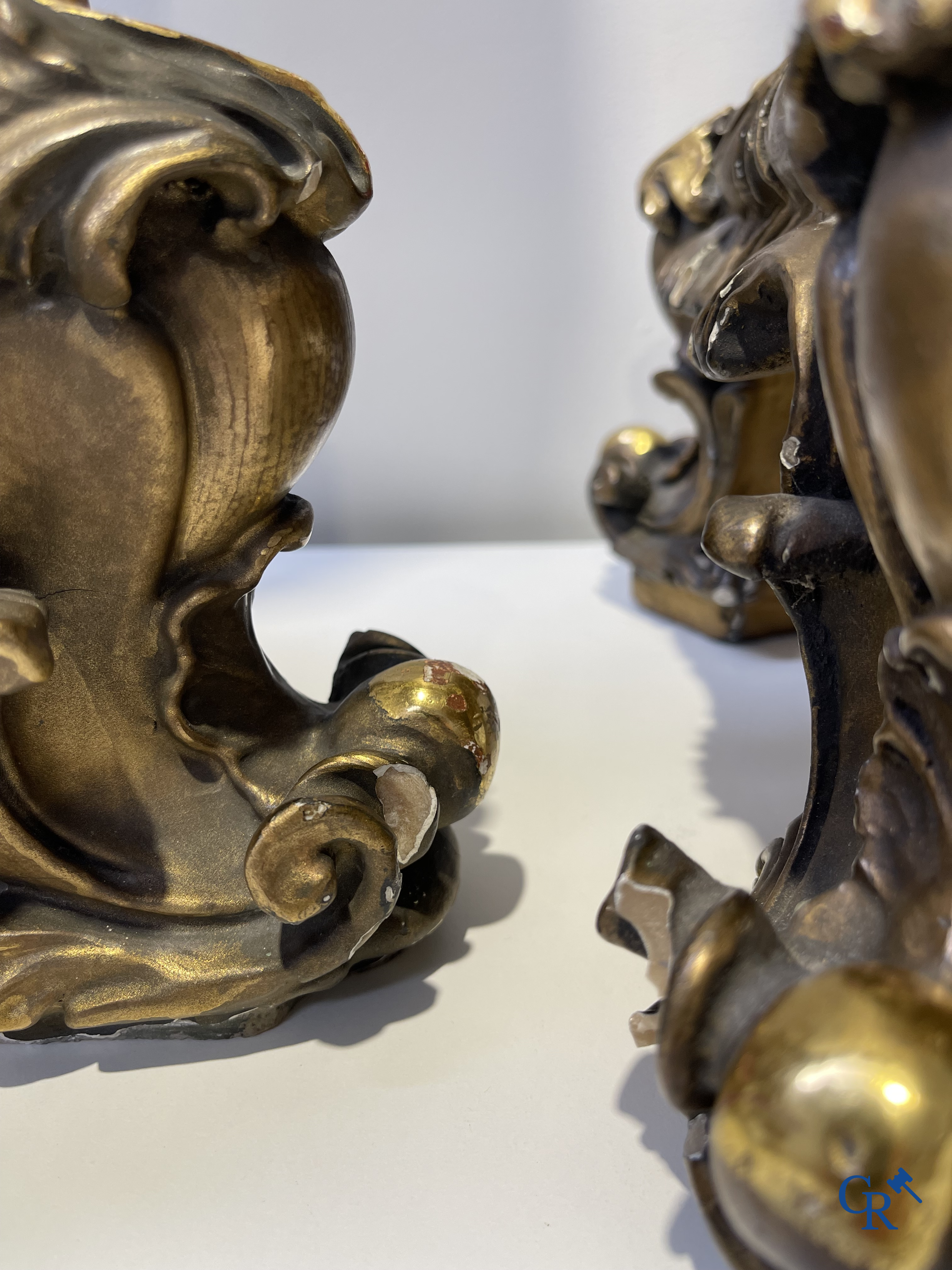 Pair of decorative gilded pedestals with onix top.