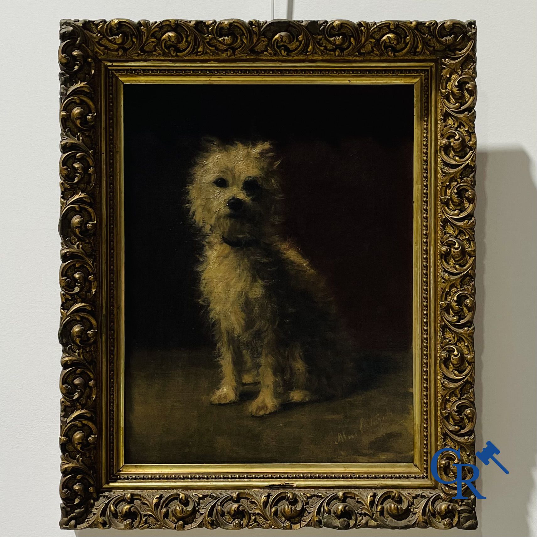 Peinture: Alice Léotard, huile sur toile. Portrait d'un chien.