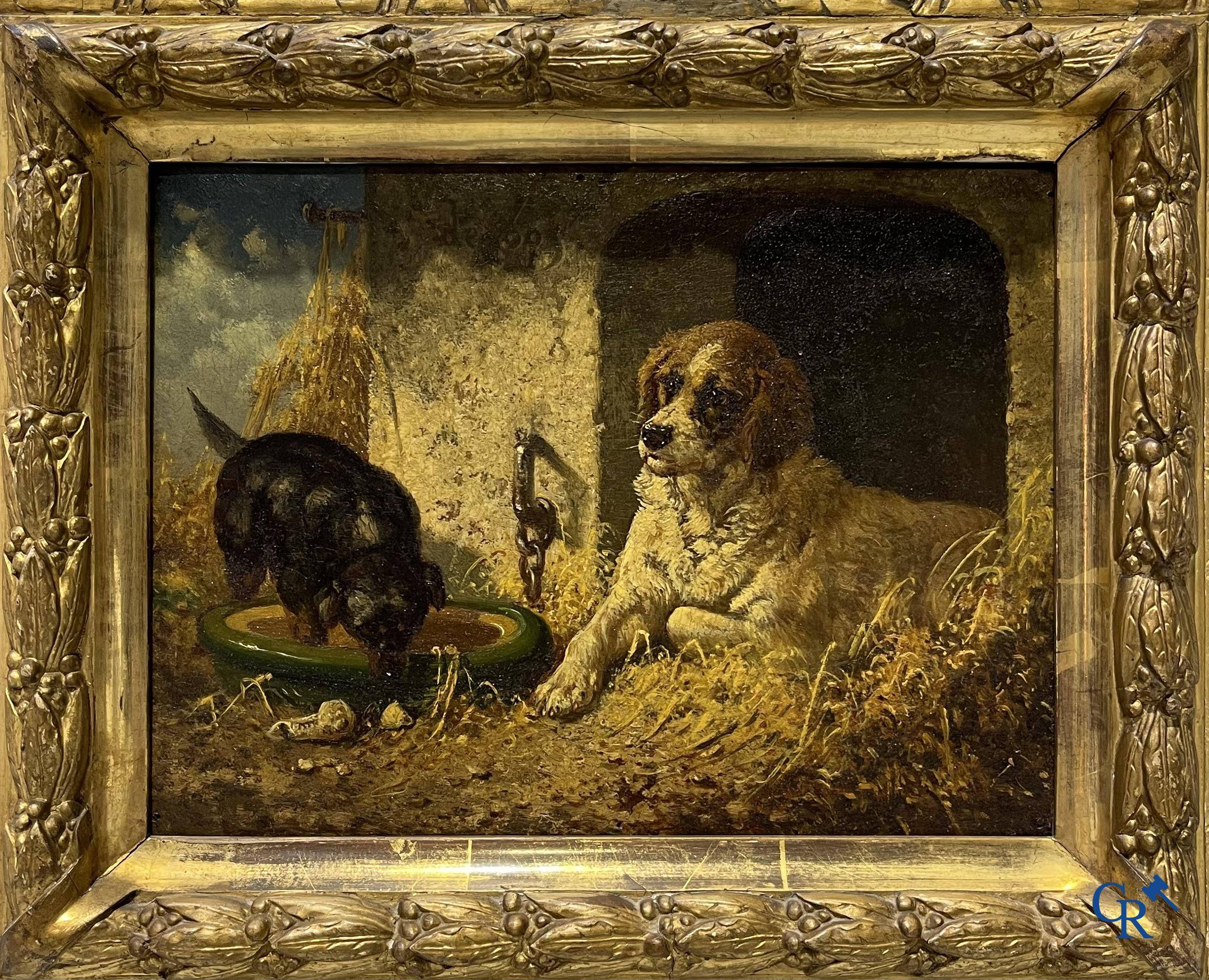 Vincent de Vos (1829-1875) Une paire de tableaux (pendant) huile sur panneau. "La chasse aux souris" et "Les bons amis".