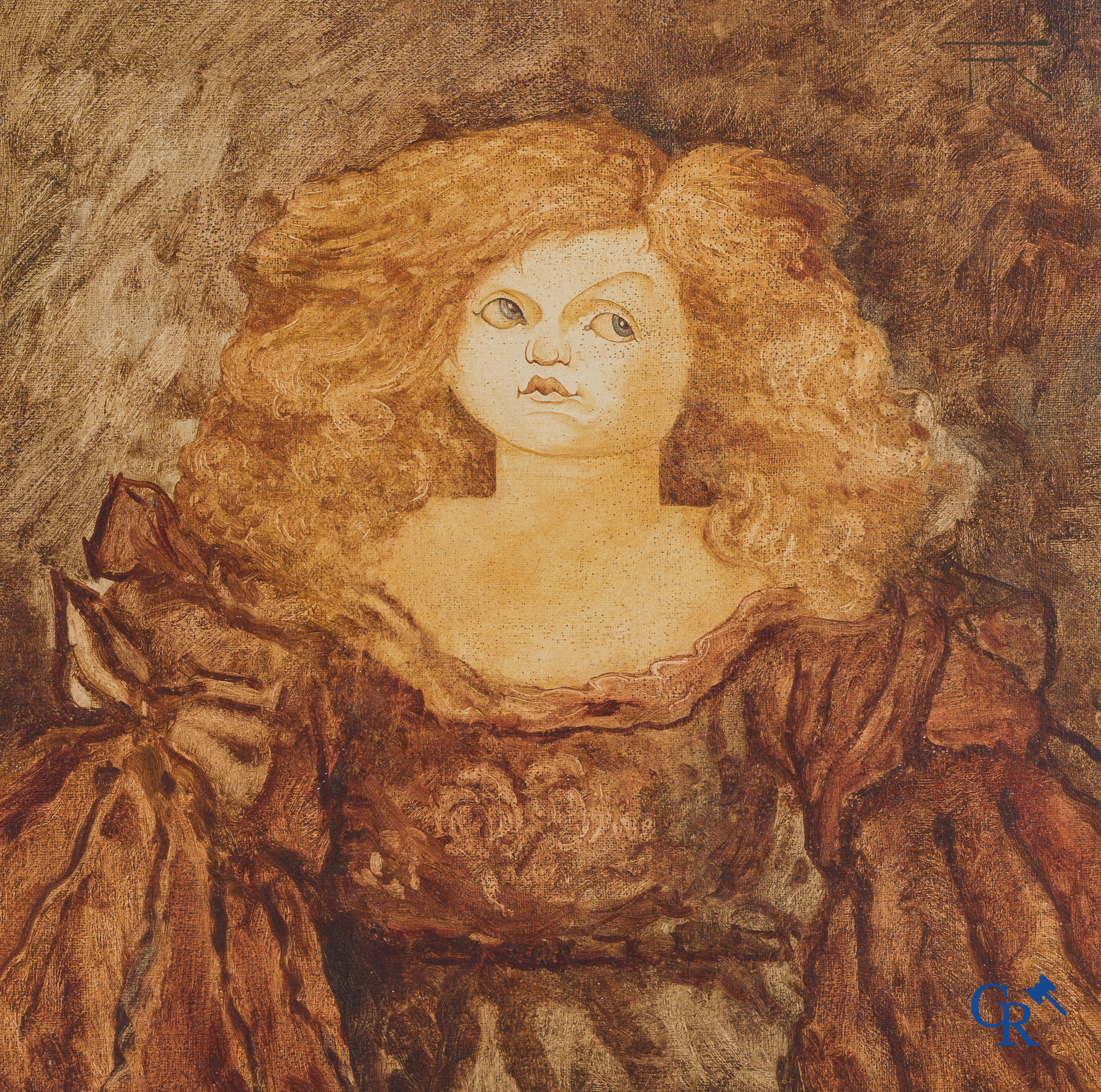 Roberto Figliolini, portrait d'une fille en robe. Huile sur toile. Monographiée.