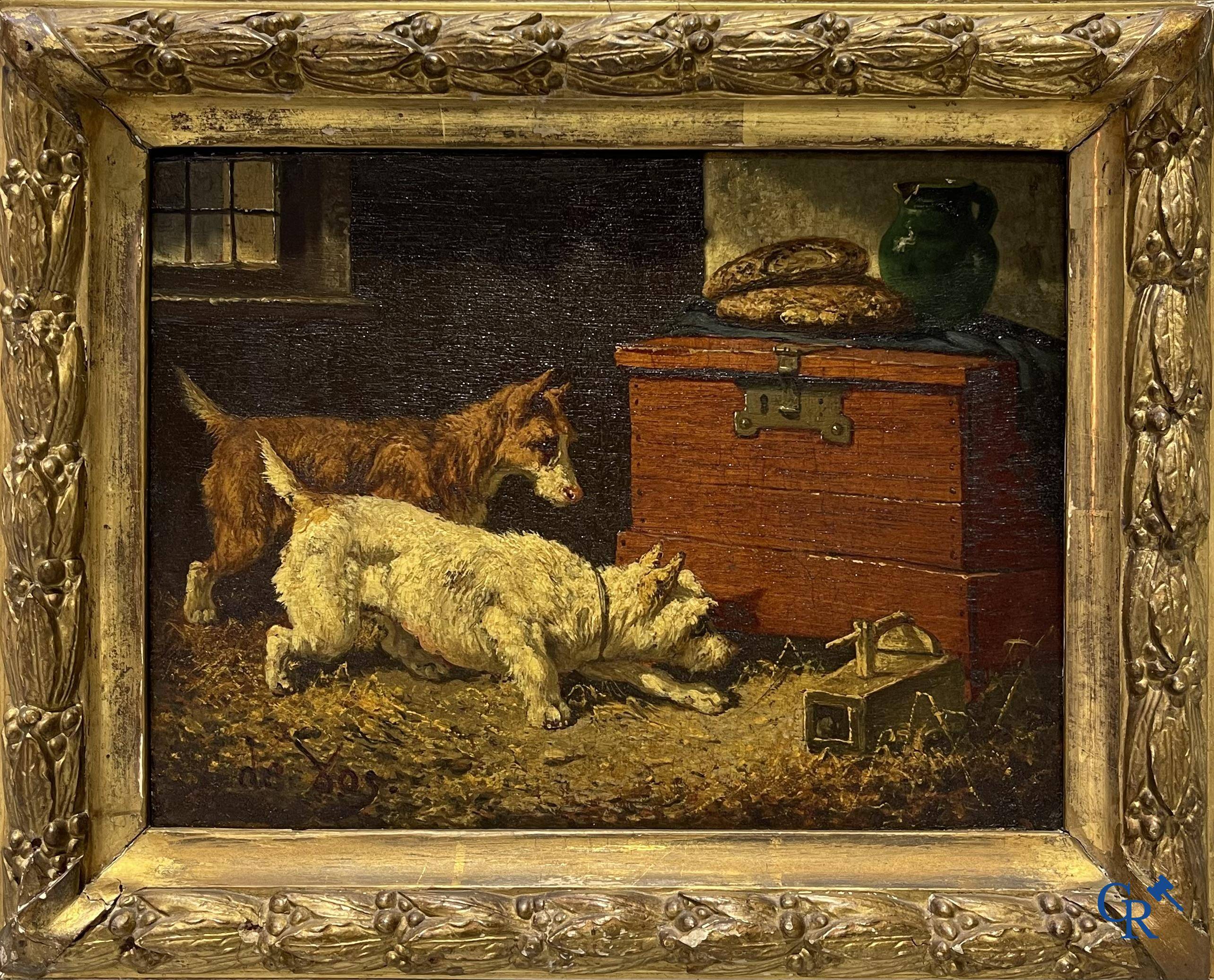 Vincent de Vos (1829-1875) Une paire de tableaux (pendant) huile sur panneau. "La chasse aux souris" et "Les bons amis".