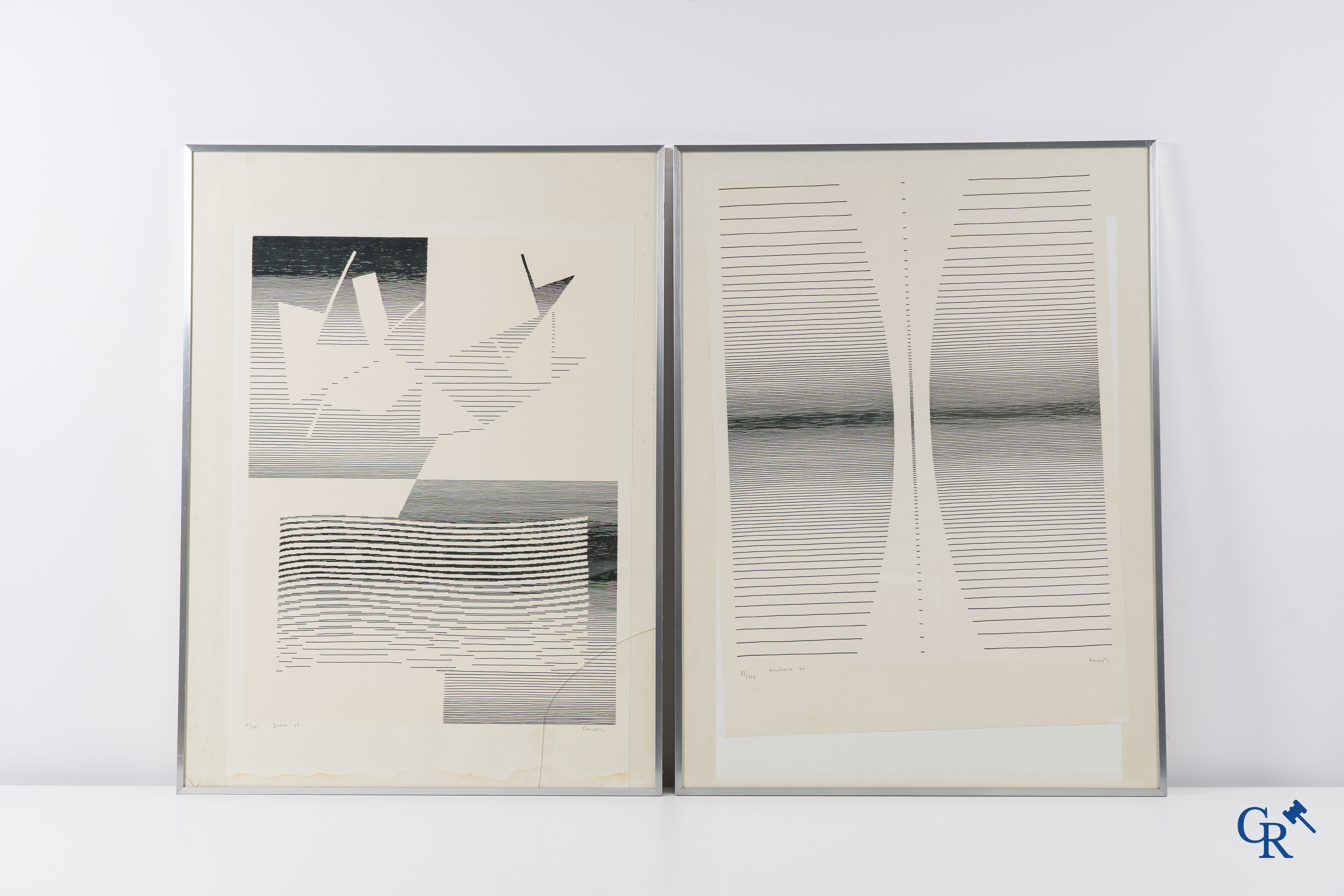 Seuphor: Graph, 2 silkscreens, Symetry VI, 1970 83/125 and Genèse, 1968 83/125.