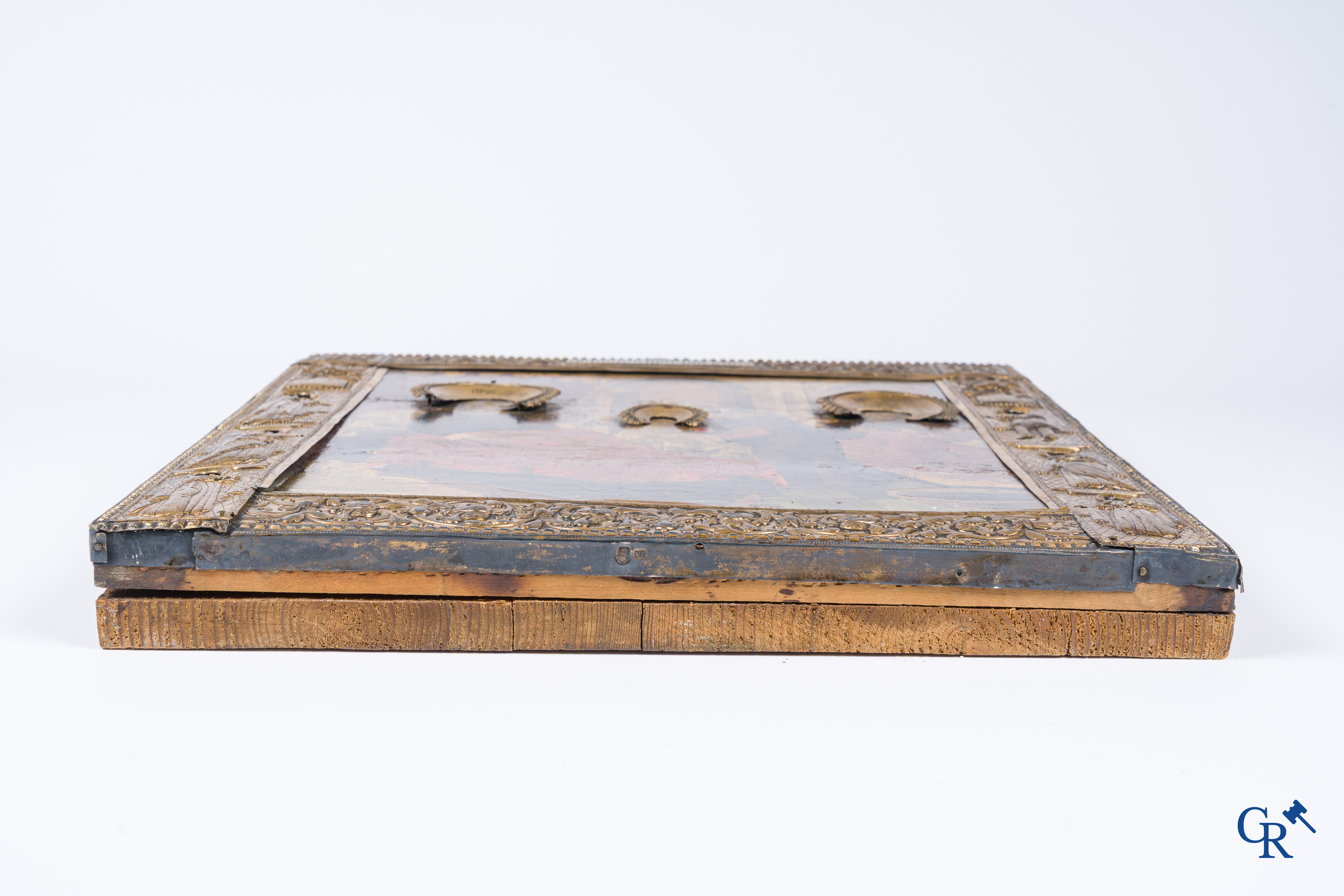 Russisch werk. De geboorte van Jezus. Grote Russische icoon met zilver oklad. Zilvergehalte 84 en gedateerd 1883.