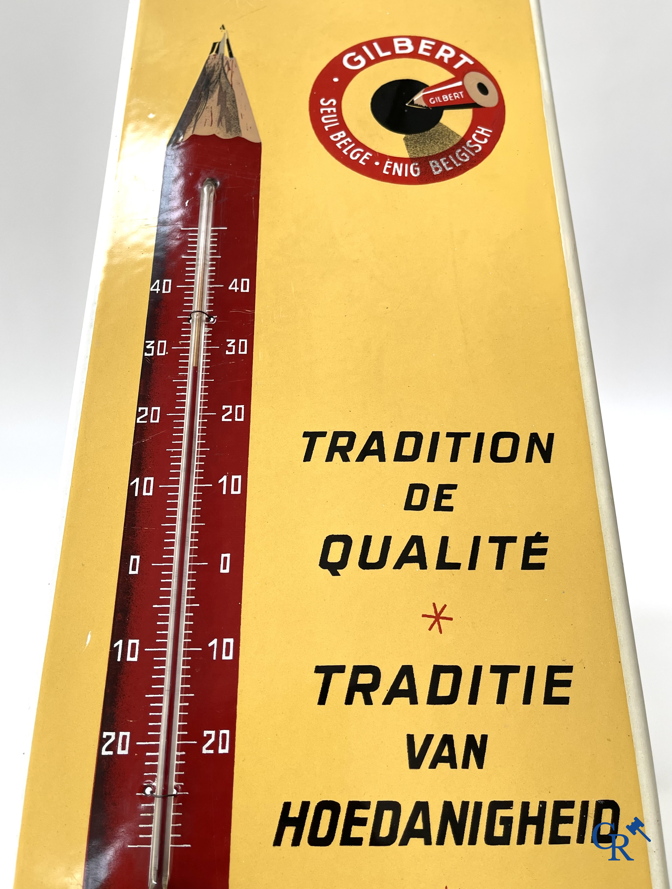 Emaille reclameborden, Publiciteits thermometer voor potlood fabrikant Gilbert à Hastière (Namen) Foremail 1953.
