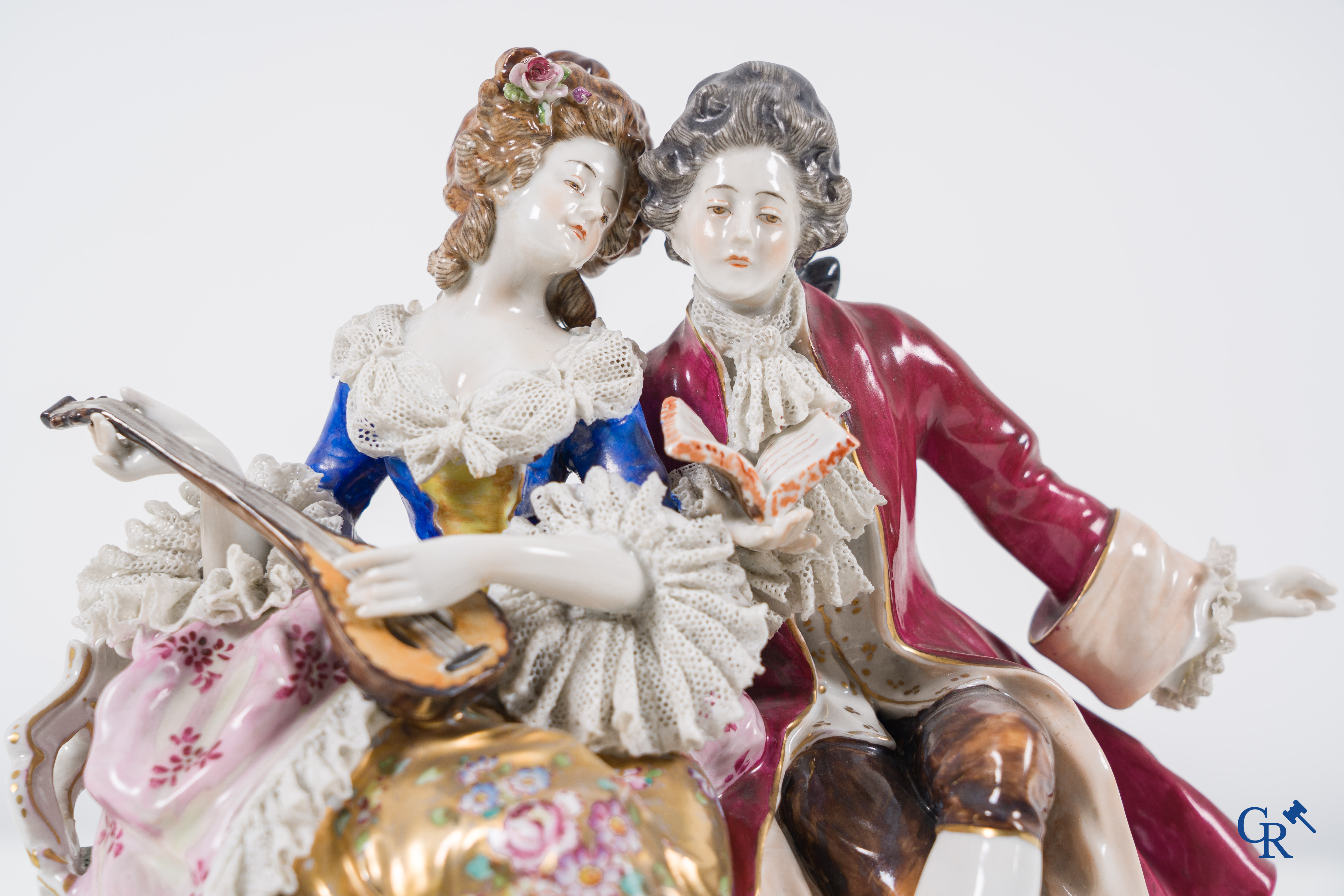 Volkstedt Rudolstadt: European porcelain, finely decorated group in lace porcelain. Music-making couple. Marked.