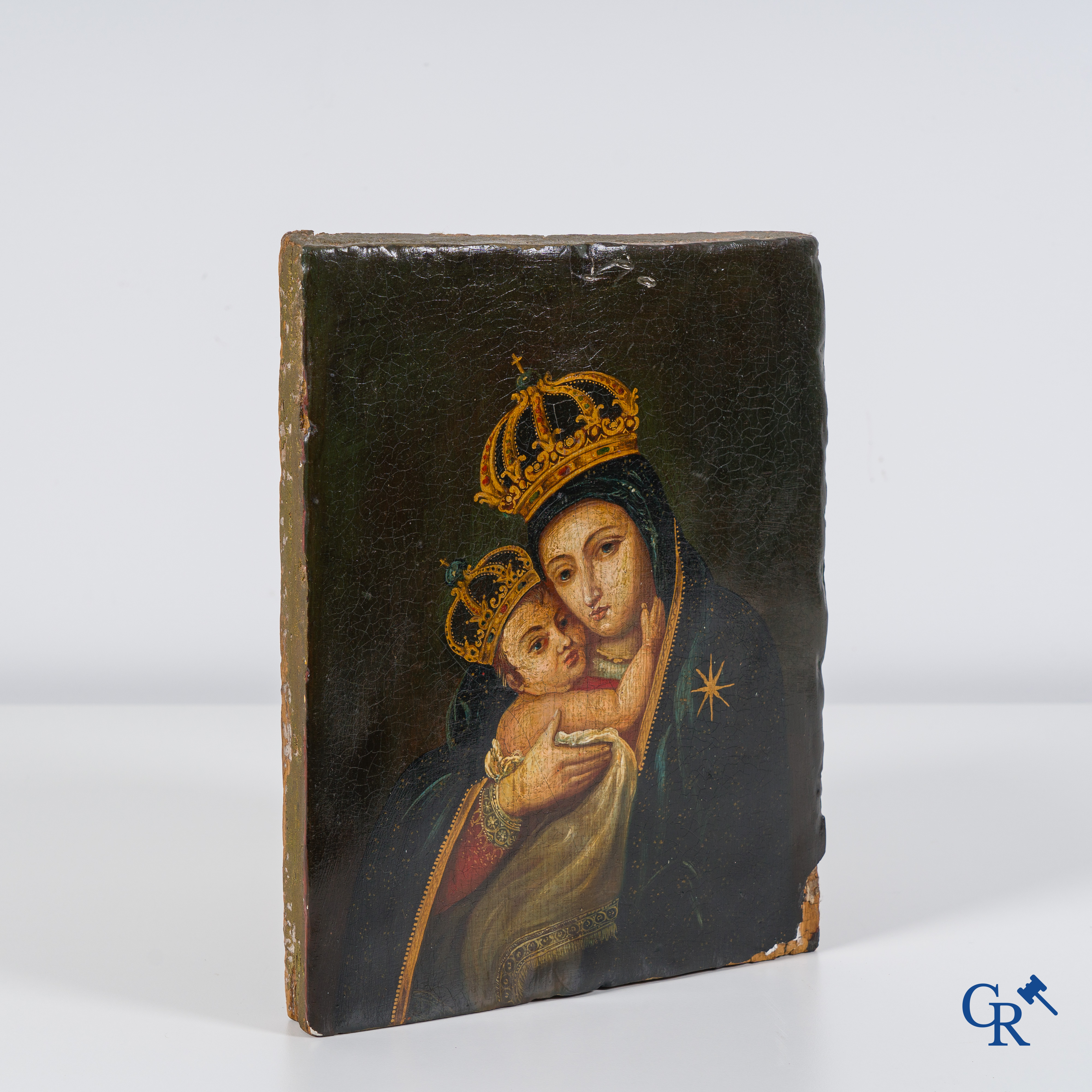 Religious painting: Mary with Child (crowned) Oil on panel. 18th century.