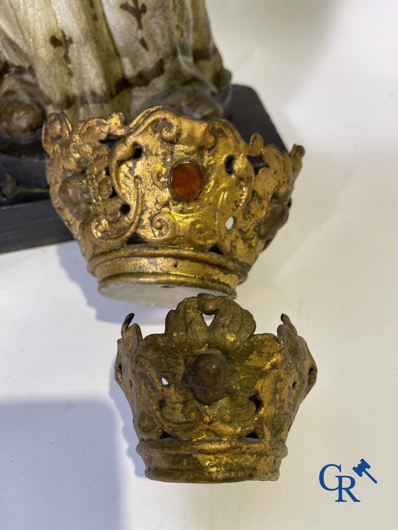 Wooden polychrome Baroque sculpture of Mary with child. The Crown inlaid with an amber-like rock.