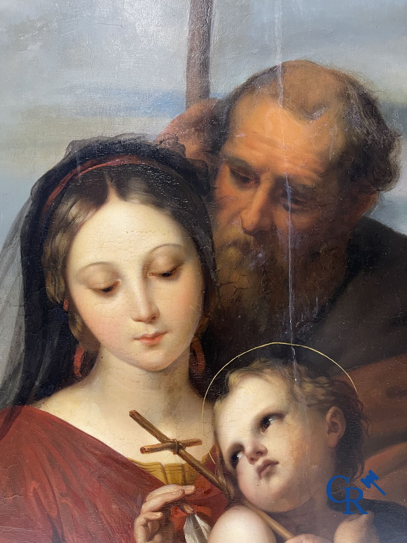 Peinture : Lambert Mathieu (Bury 1804 - Louvain 1861) Sainte Famille dans le gout de Raphaël Sanzio. Huile sur panneau.