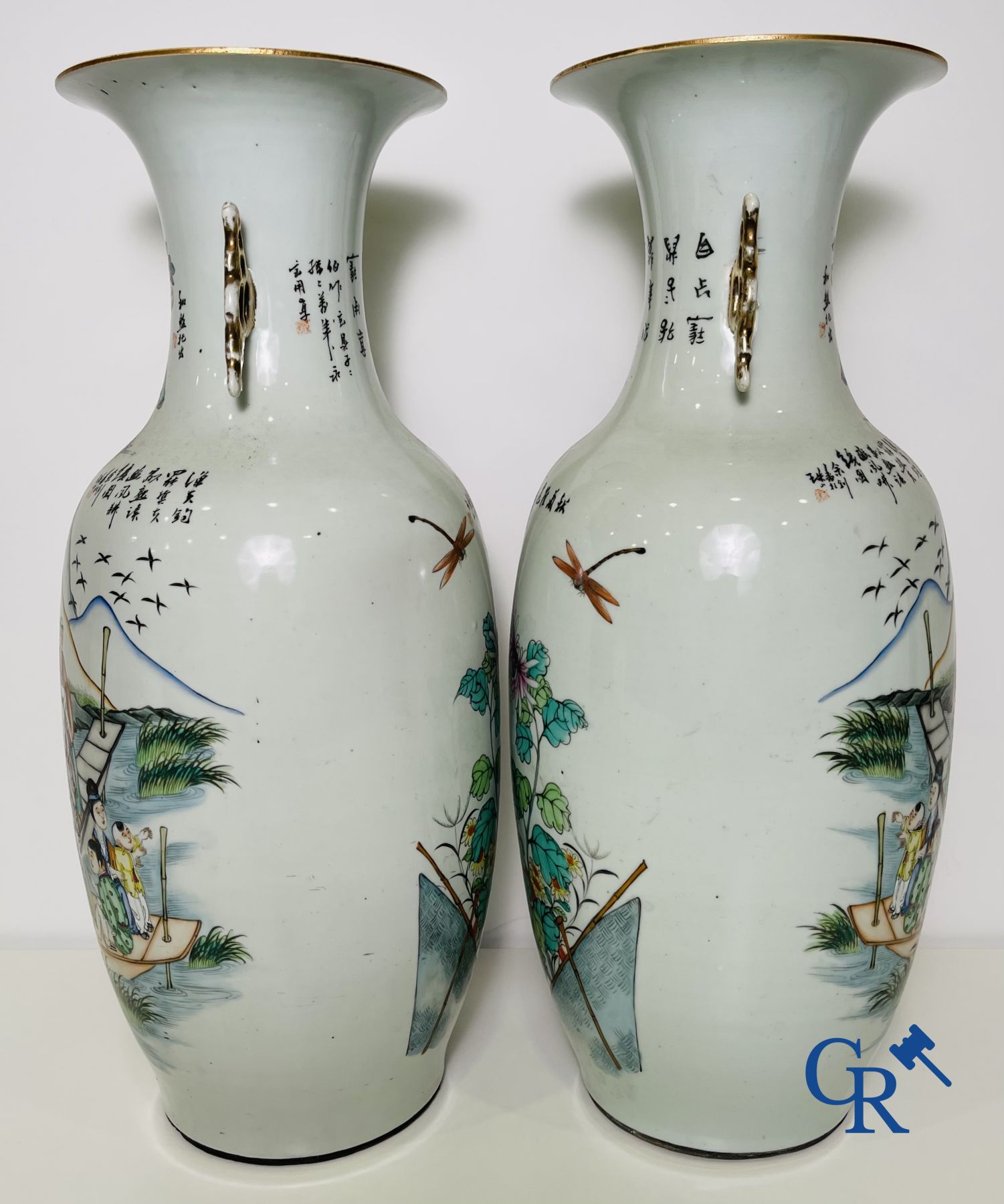 Chinese porcelain: A pair of Chinese vases with a double decor.