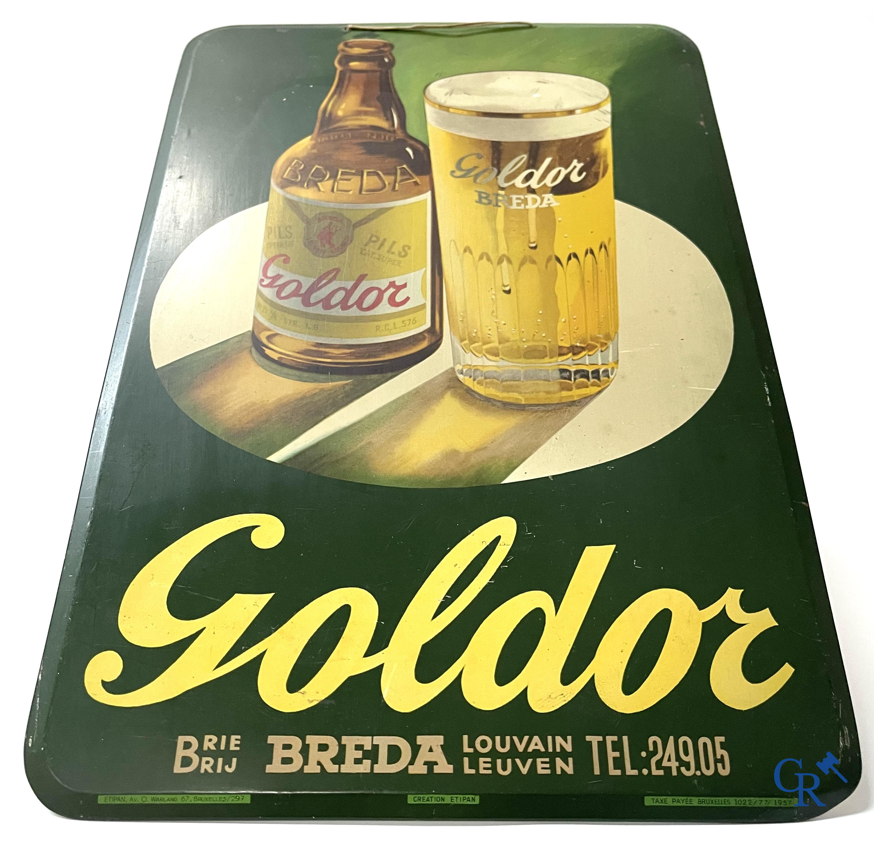 Goldor, Brouwerij Breda te Leuven. Publiciteit voor Goldor Pils gedrukt op metaal. Creation Etipan Bruxelles 1957.