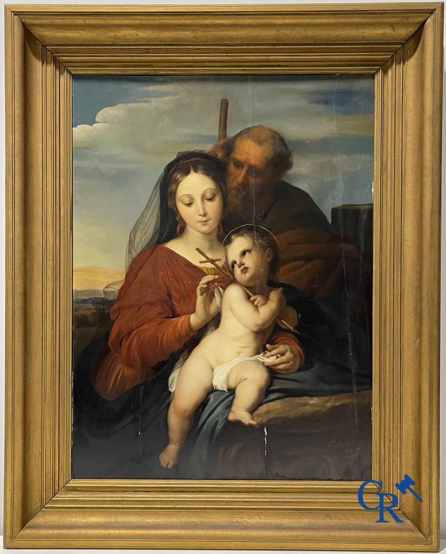 Peinture : Lambert Mathieu (Bury 1804 - Louvain 1861) Sainte Famille dans le gout de Raphaël Sanzio. Huile sur panneau.