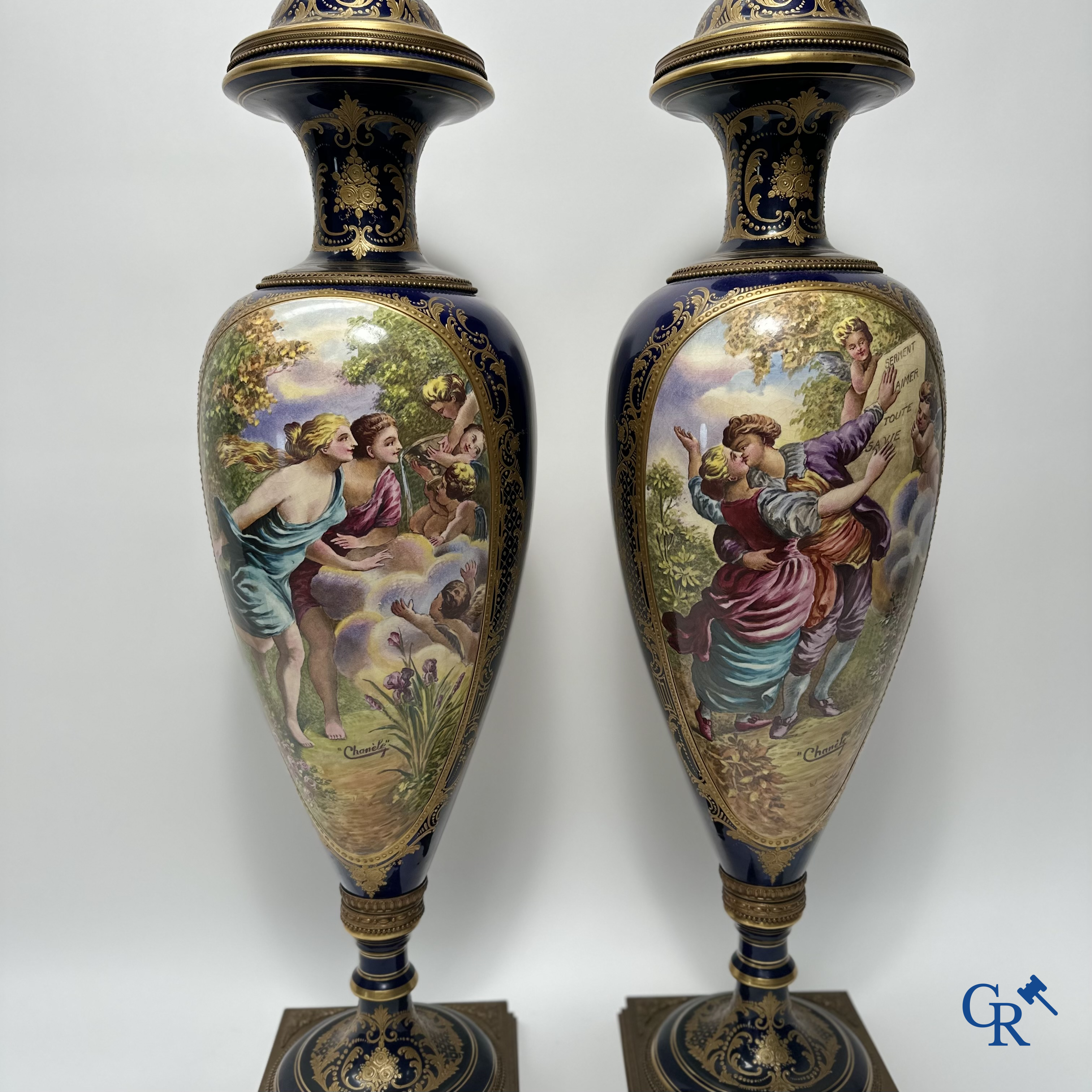 Sèvres: Pair of large bronze mounted vases in Sèvres porcelain. Late 19th century.