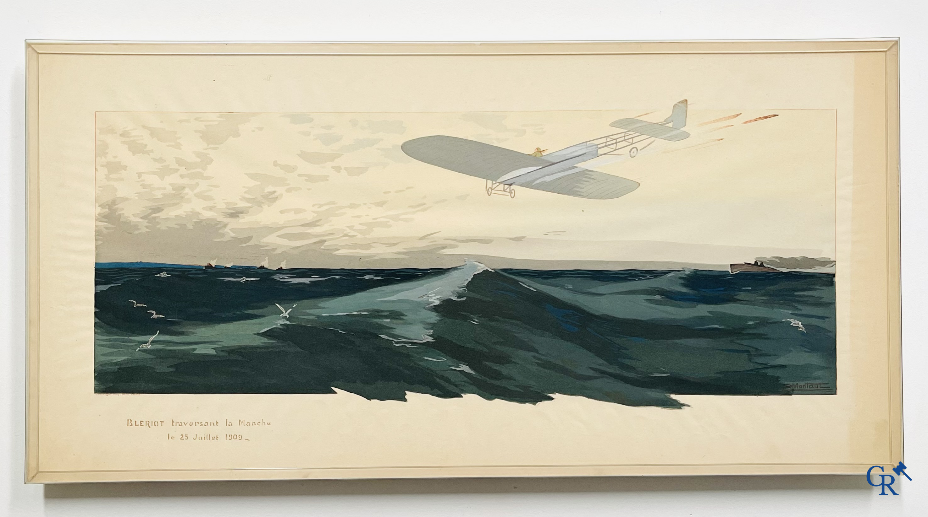 Ernest Montaut. Bleriot traversant la Manche. Kleuren lithografie,  Montaut Mabileau, copyright 1909.