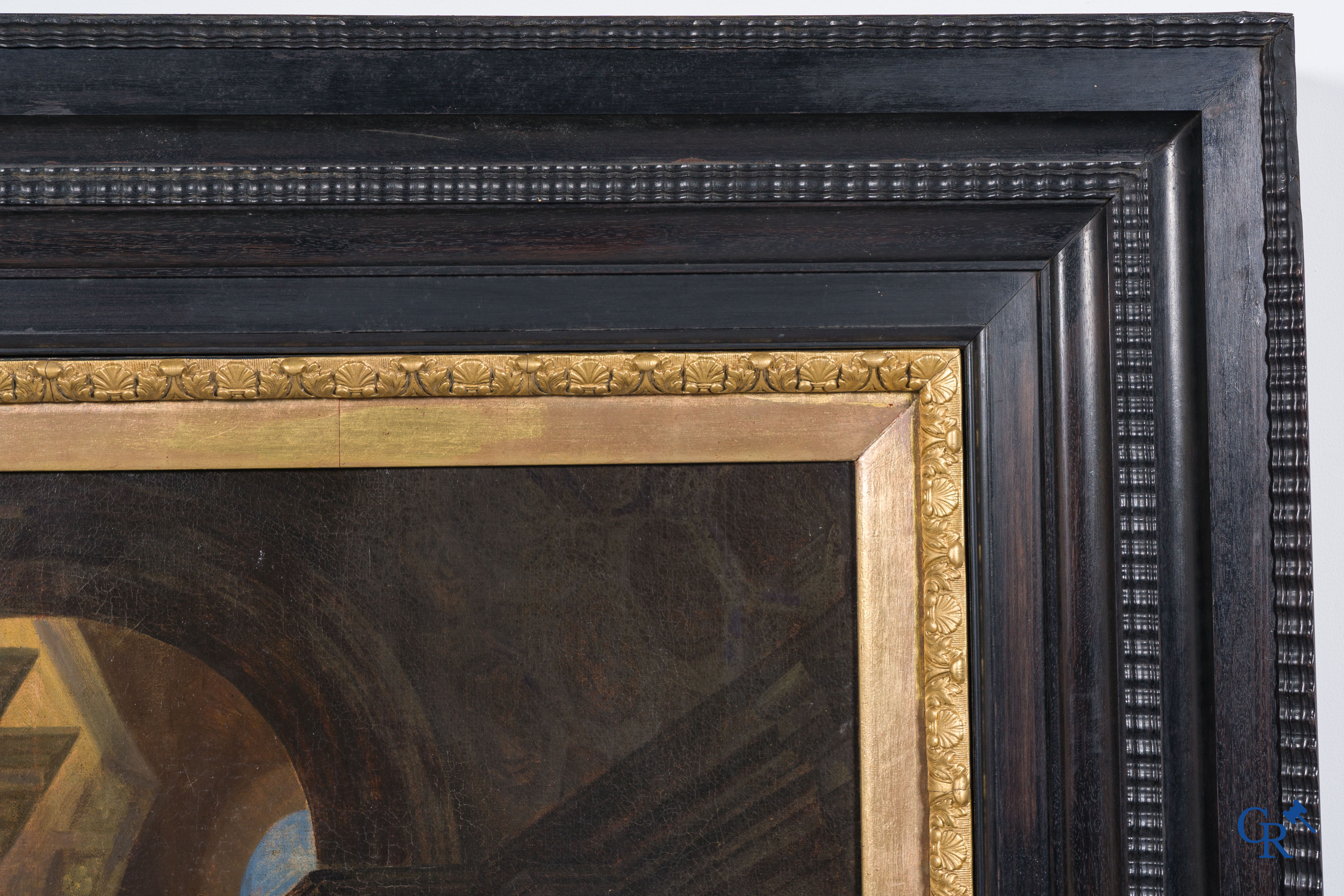 Religious painting, the adoration of the Christ Child in a large ebony veneer frame. Oil on canvas. 18th century.