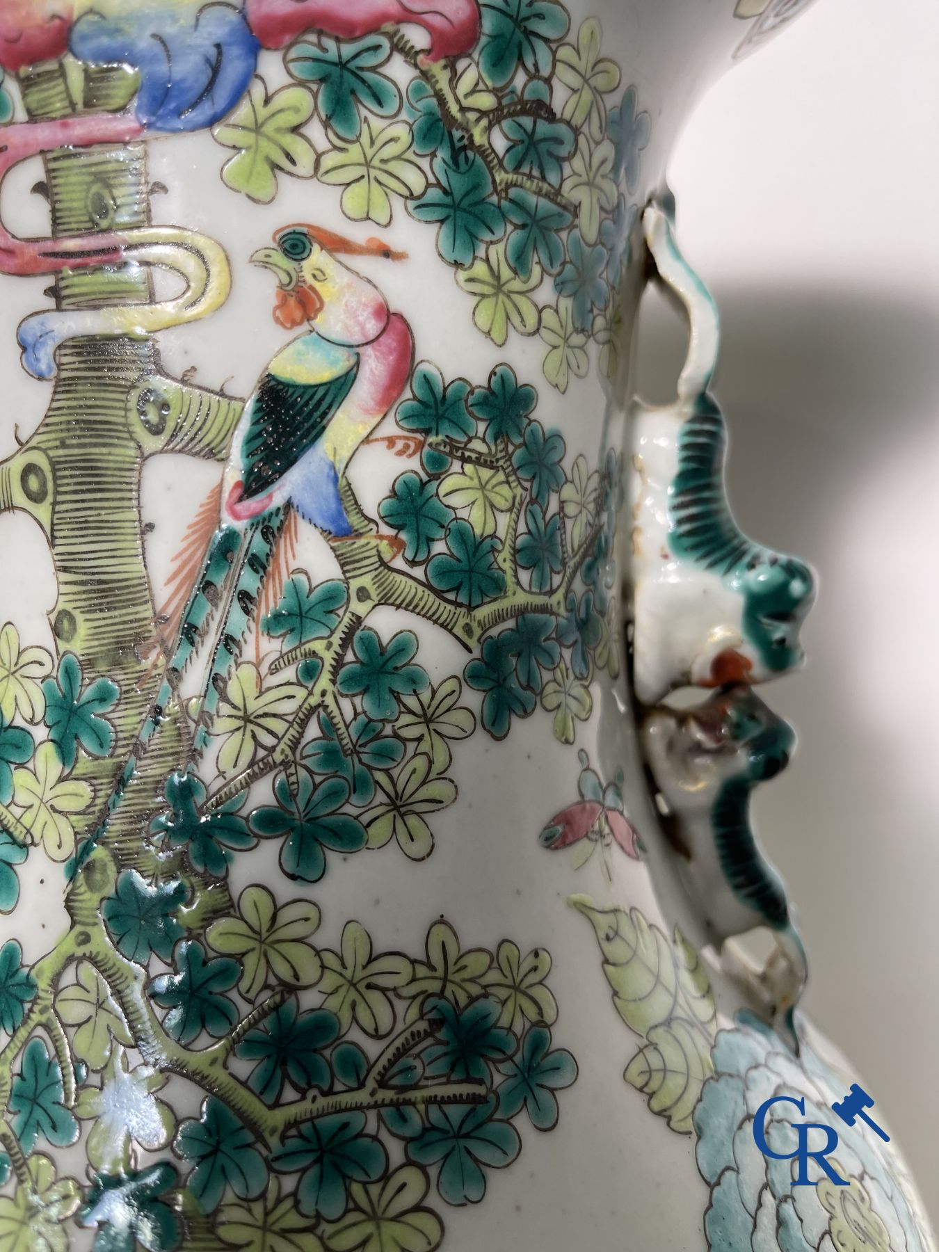 Asian Art: Vase in Chinese famille rose porcelain with decor of birds and peonies. 19th century.