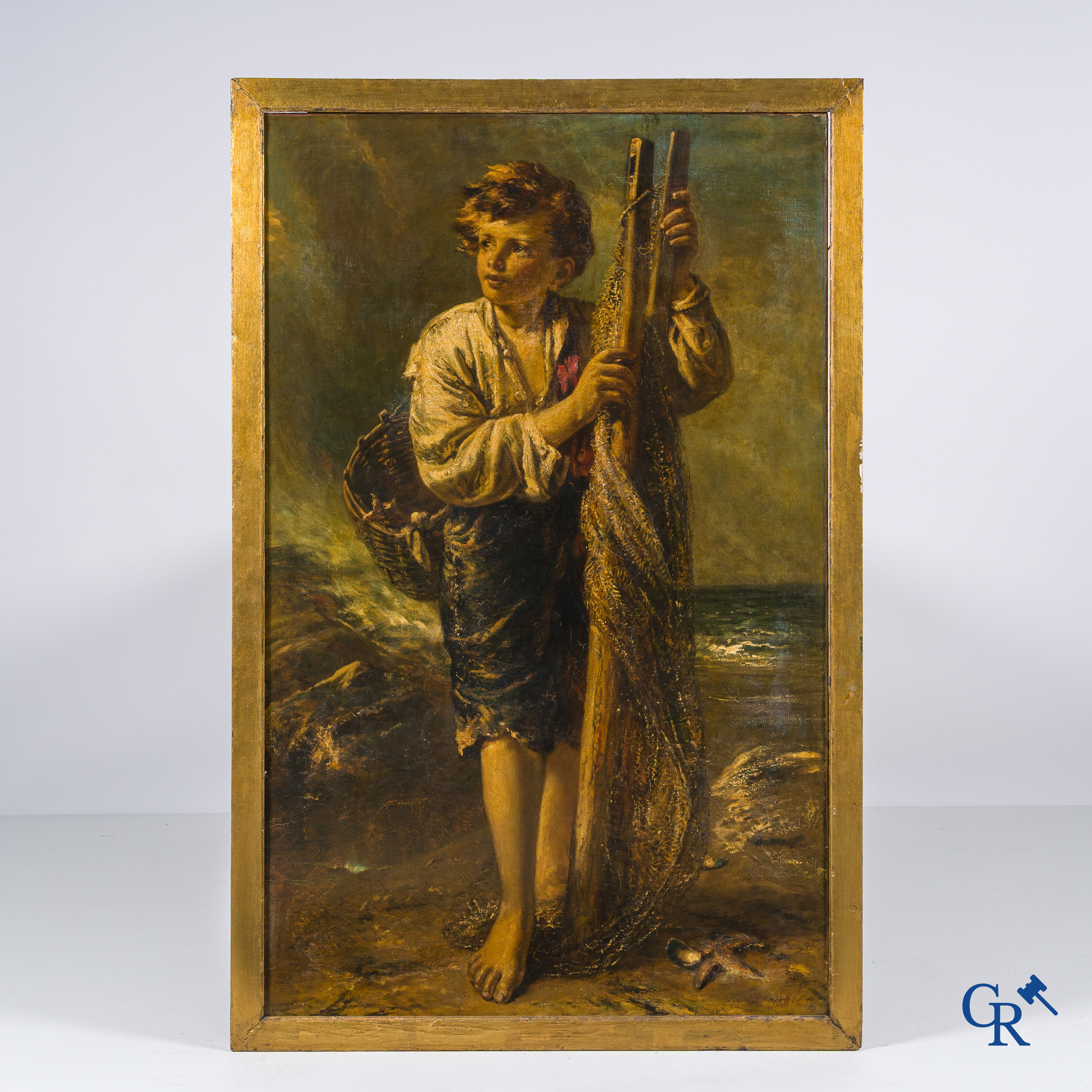 De jonge visser, olie op doek. Onleesbaar gesigneerd rechtsonder. 19e eeuw.