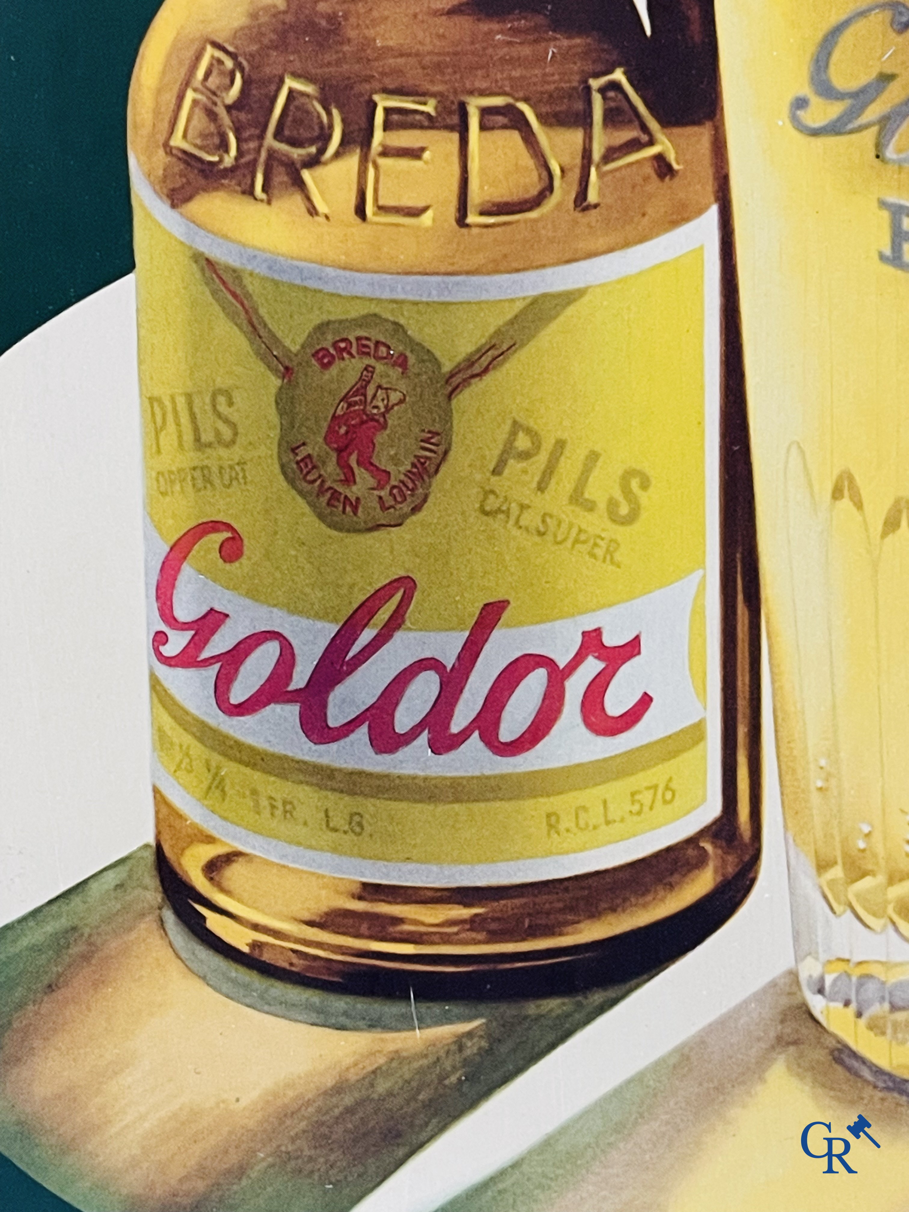 Goldor, Brouwerij Breda te Leuven. Publiciteit voor Goldor Pils gedrukt op metaal. Creation Etipan Bruxelles 1957.