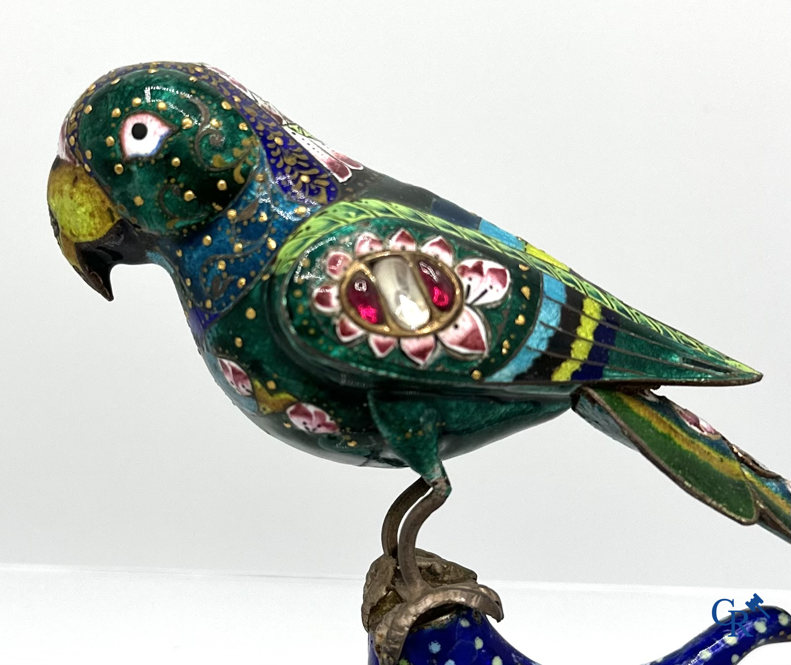 North India: Enameled parrot set with gemstones/rubis. 19th century.