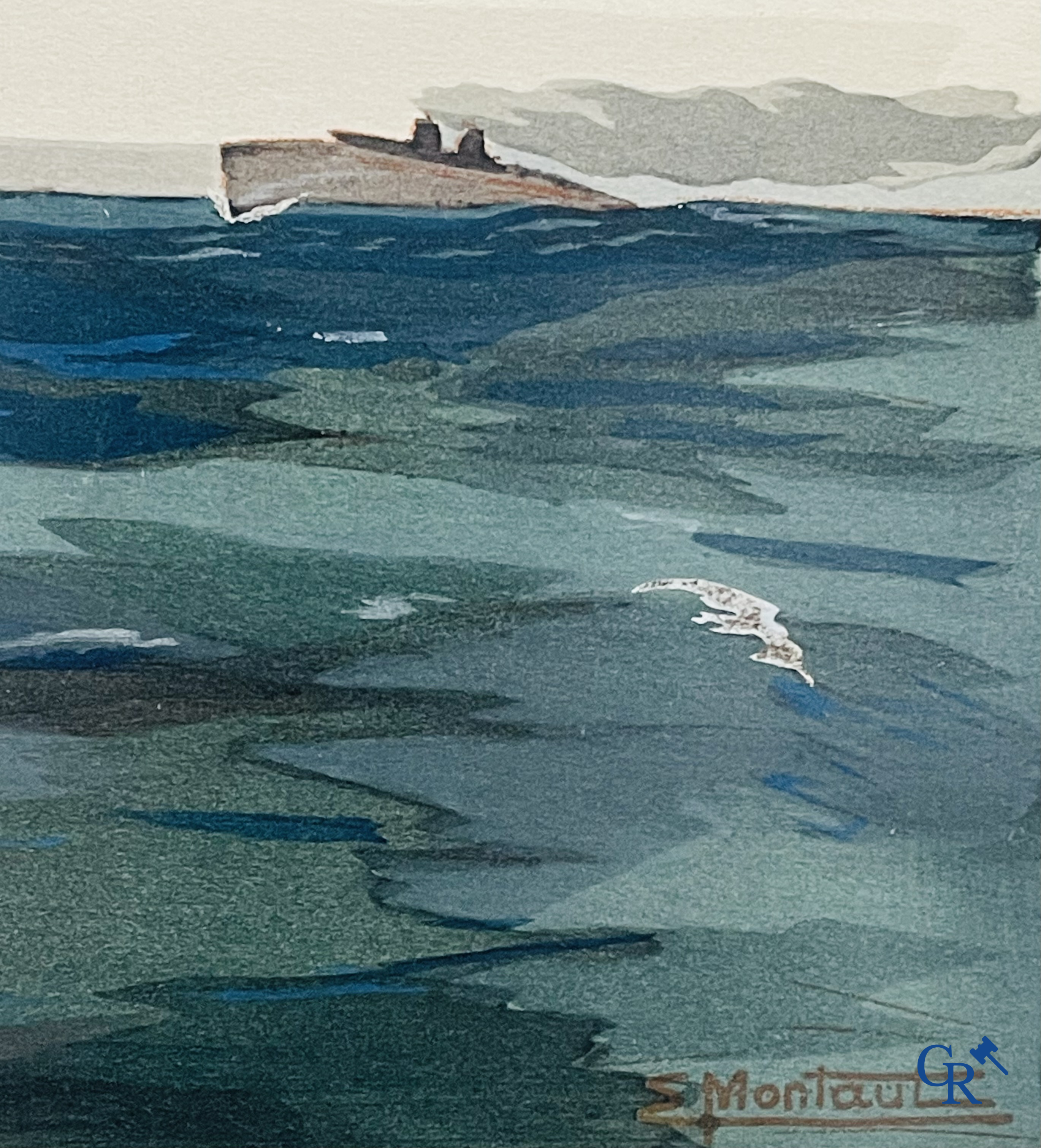 Ernest Montaut. Bleriot traversant la Manche. Kleuren lithografie,  Montaut Mabileau, copyright 1909.